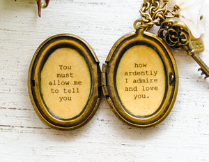 Jane Austen Necklace - Women's Locket - Mr. Darcy - Pride and Prejudice - You must allow me to tell you how ardently I admire and love you