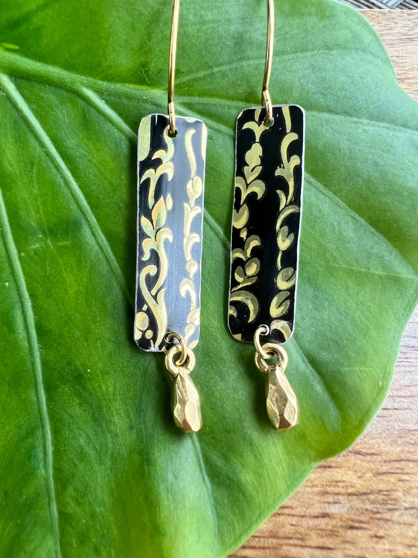 Black and Gold Floral Skinny Rectangle Drop Earrings