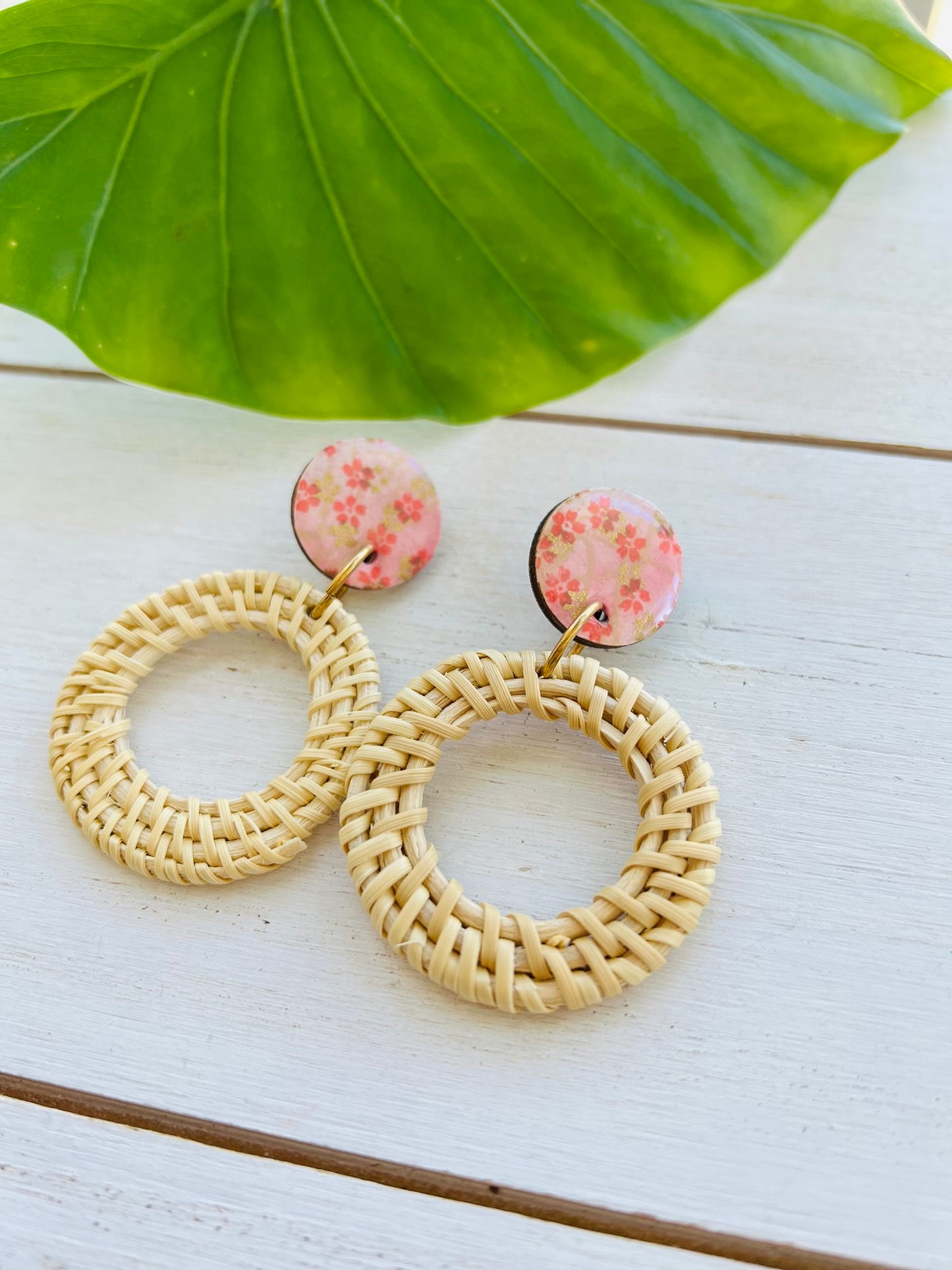 Pink Blossom Chiyogami Rattan Earrings