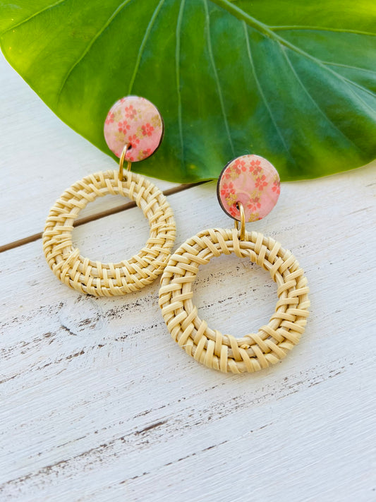 Pink Blossom Chiyogami Rattan Earrings