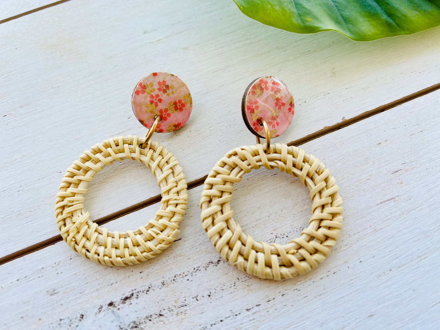 Pink Blossom Chiyogami Rattan Earrings