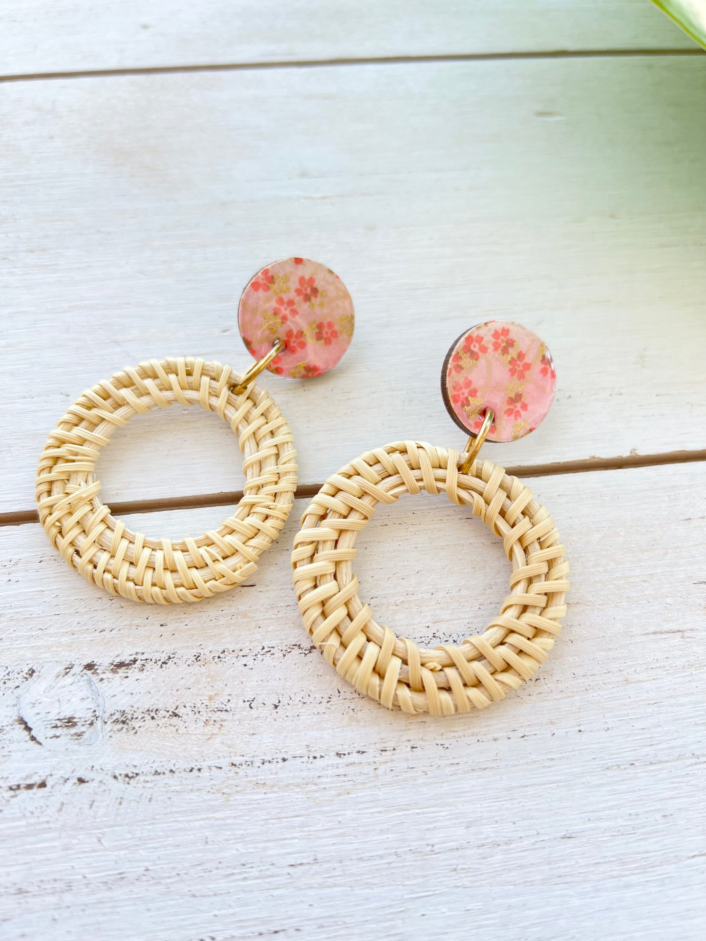 Pink Blossom Chiyogami Rattan Earrings