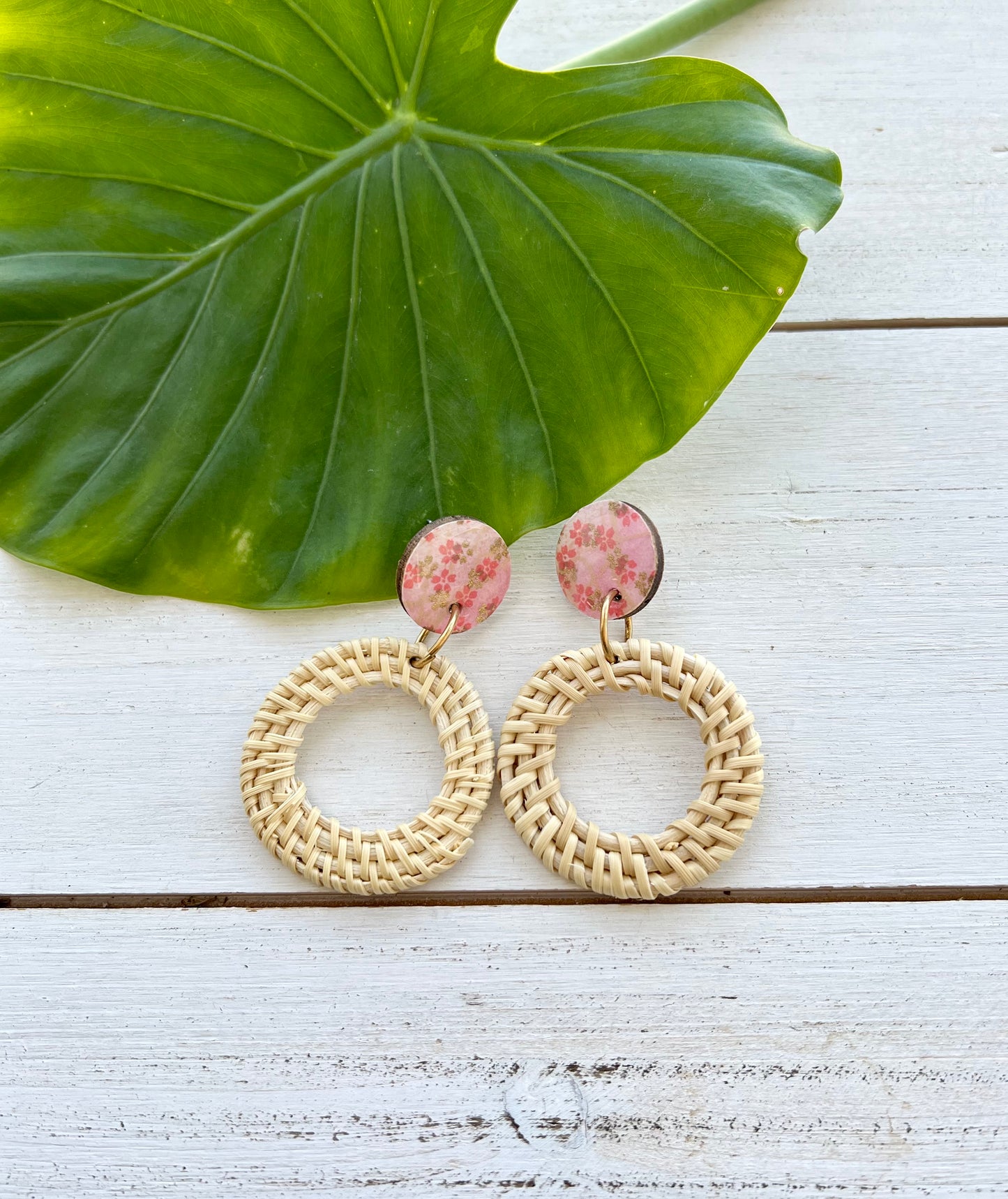 Pink Blossom Chiyogami Rattan Earrings