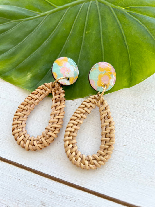 Turquoise Blossom Chiyogami Rattan Earrings