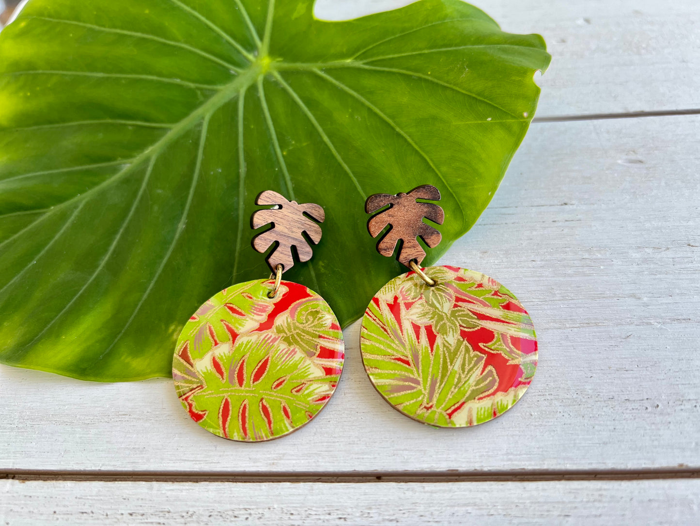 Red Palm Chiyogami Earrings