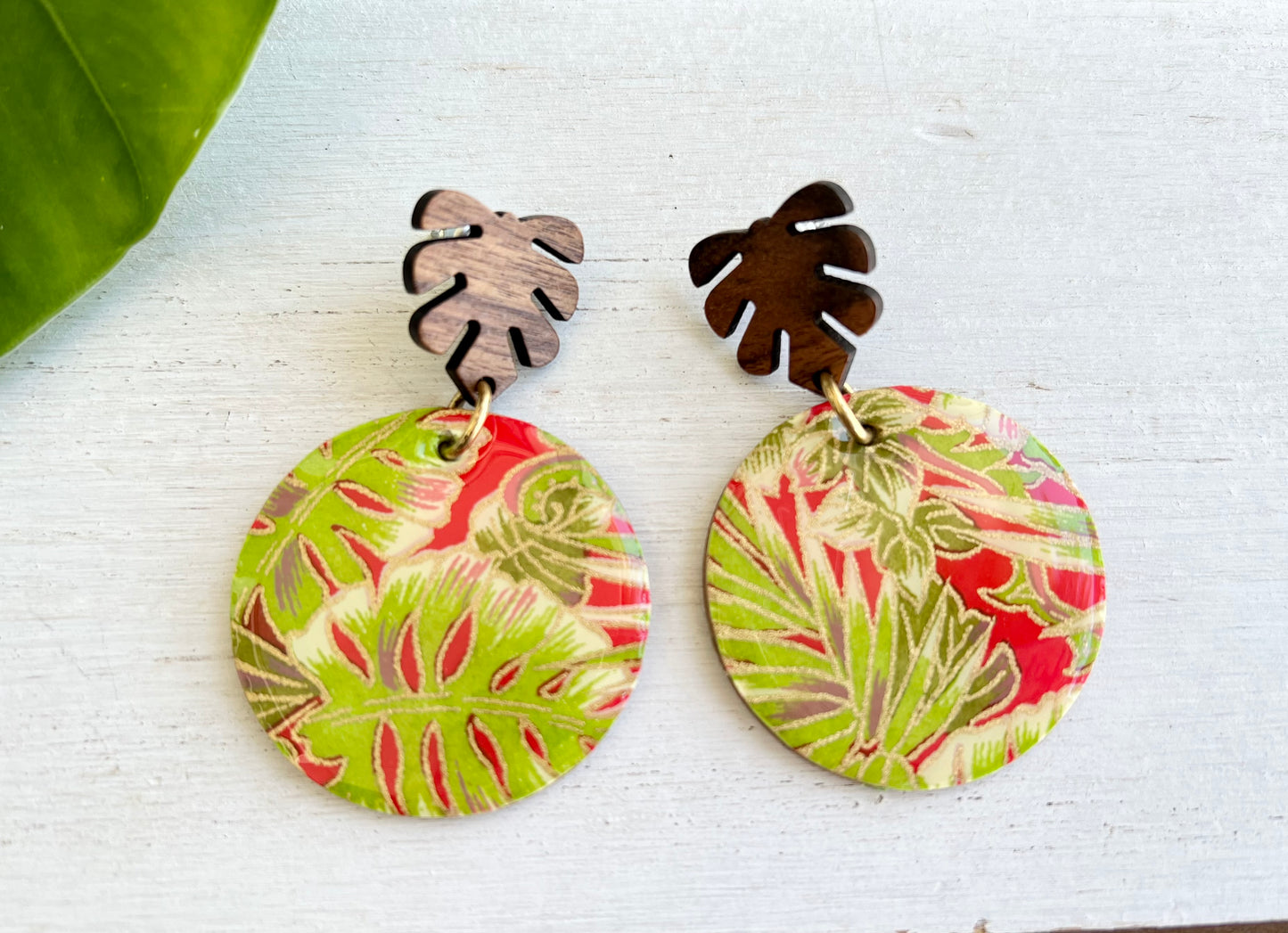 Red Palm Chiyogami Earrings