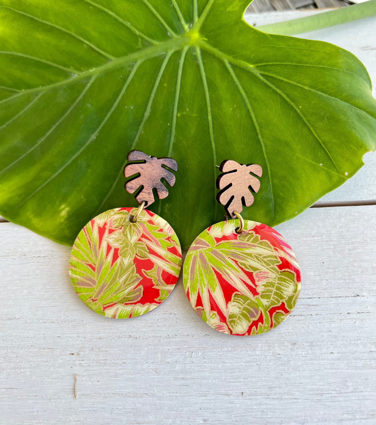 Red Palm Chiyogami Earrings