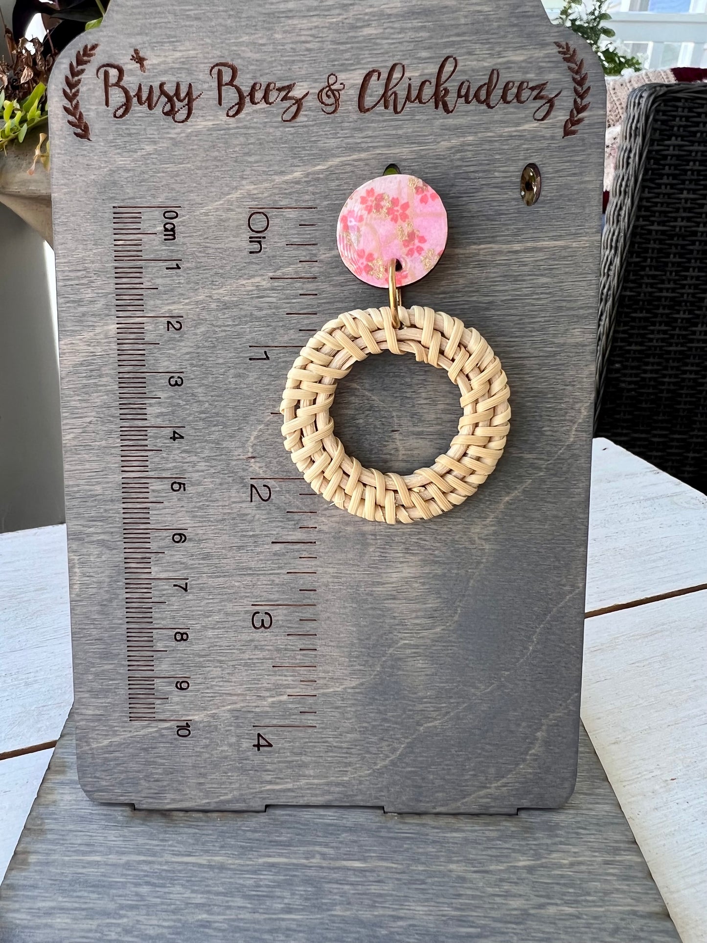 Pink Blossom Chiyogami Rattan Earrings