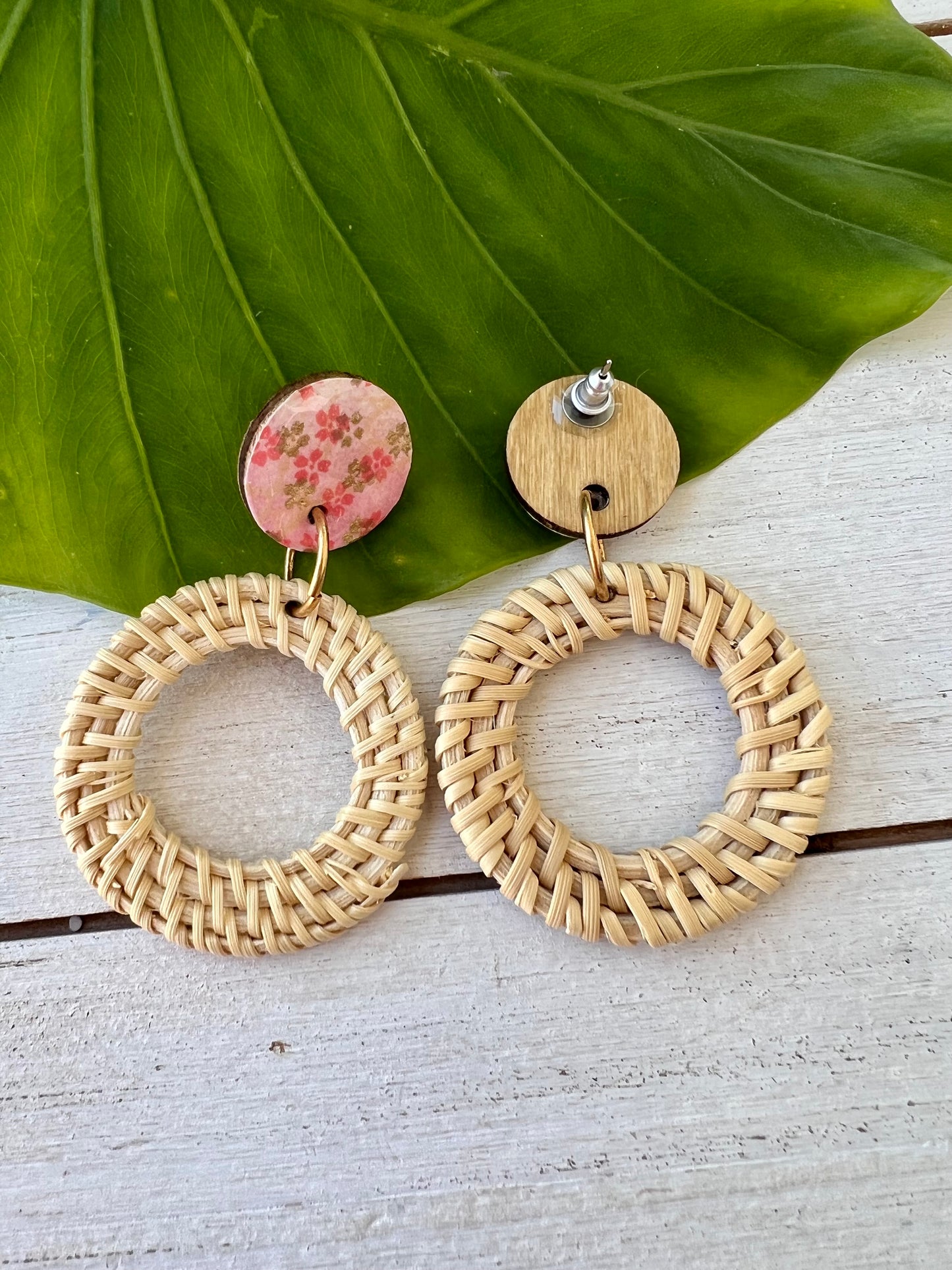 Pink Blossom Chiyogami Rattan Earrings