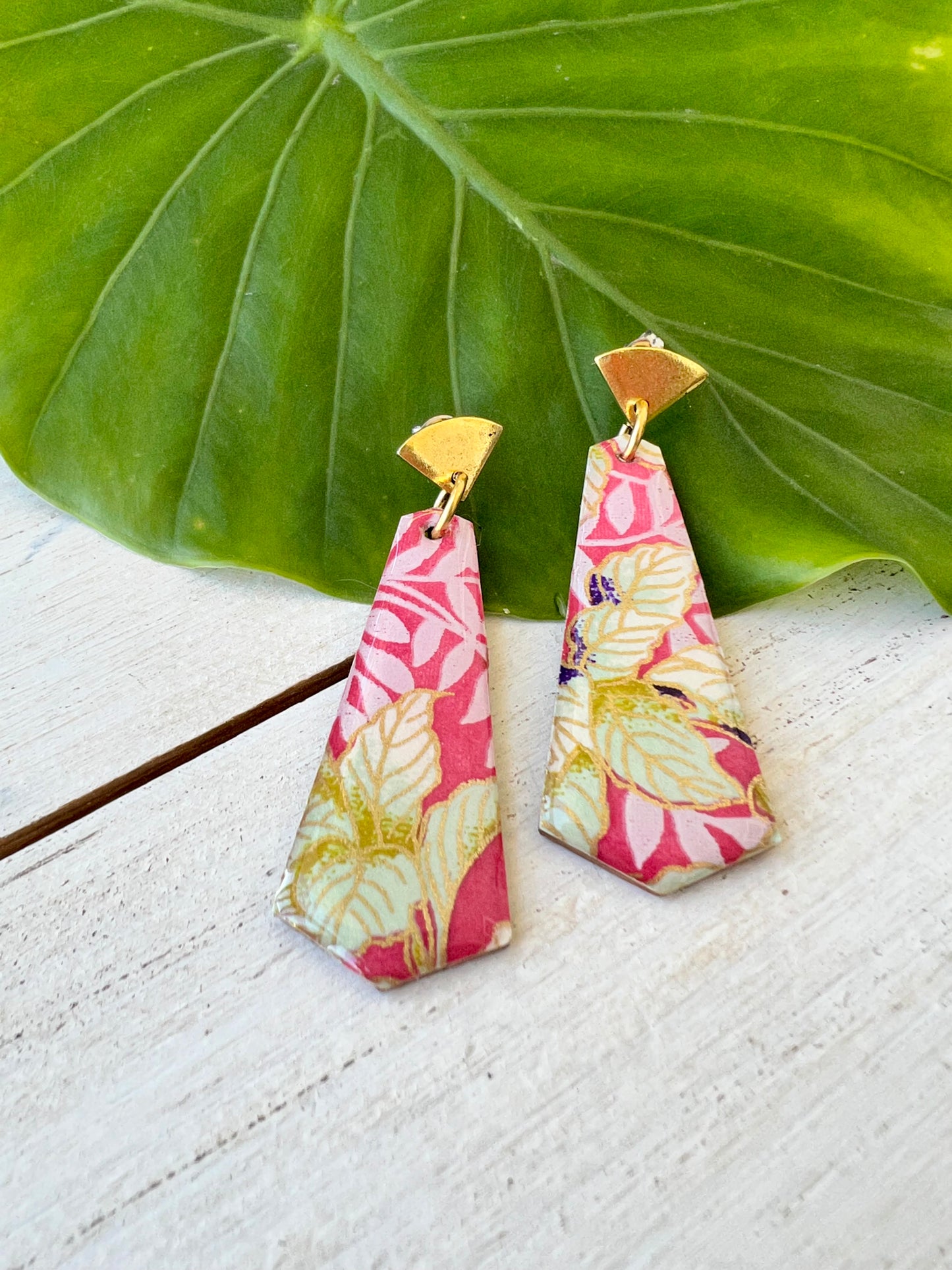 Pink Leaf Chiyogami Fan Earrings