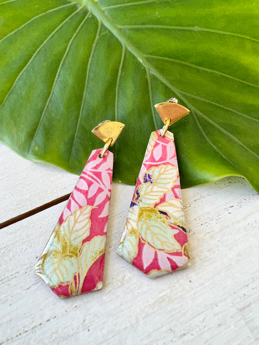 Pink Leaf Chiyogami Fan Earrings