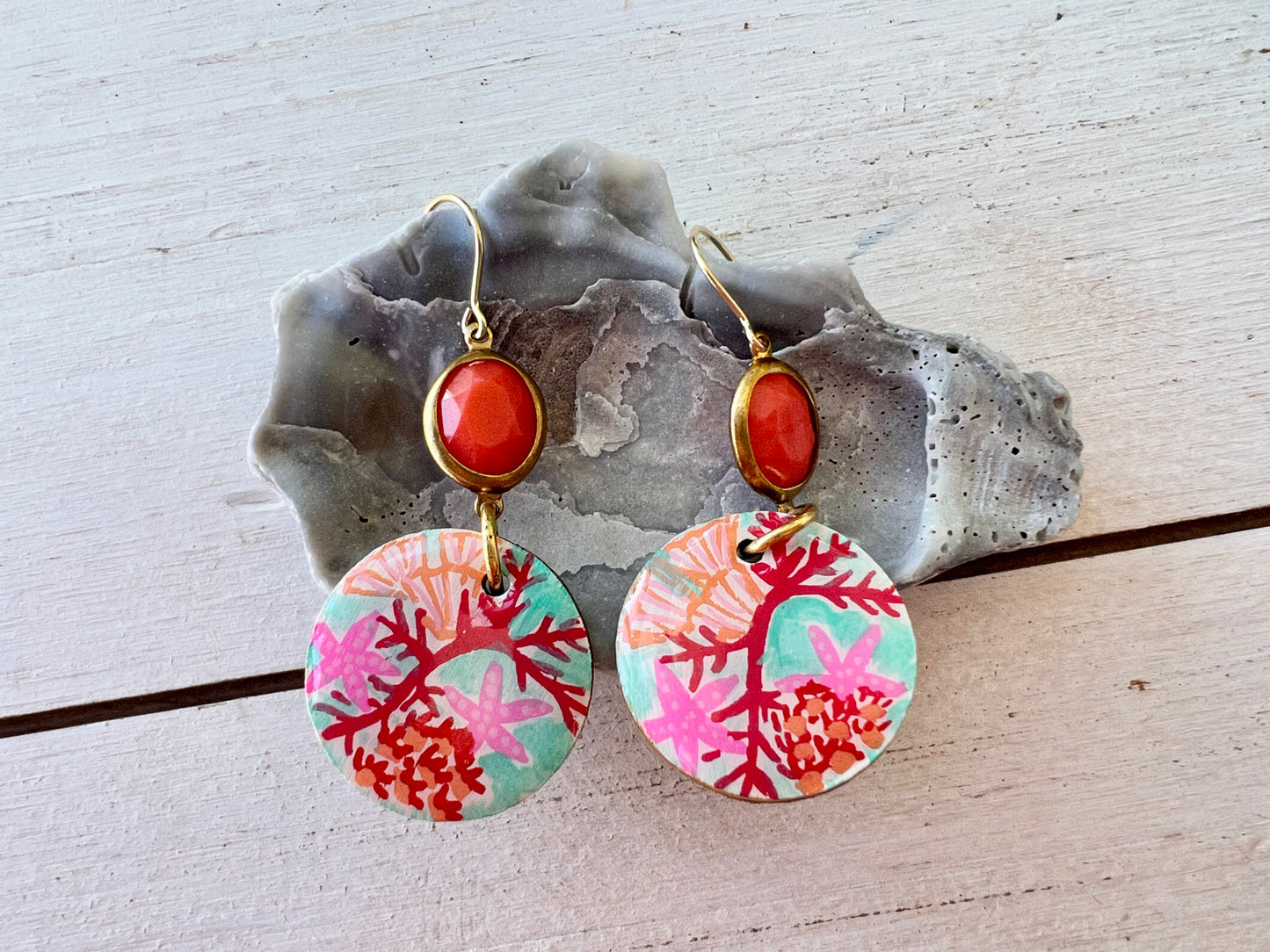 Hand Painted Coral Seascape Earrings