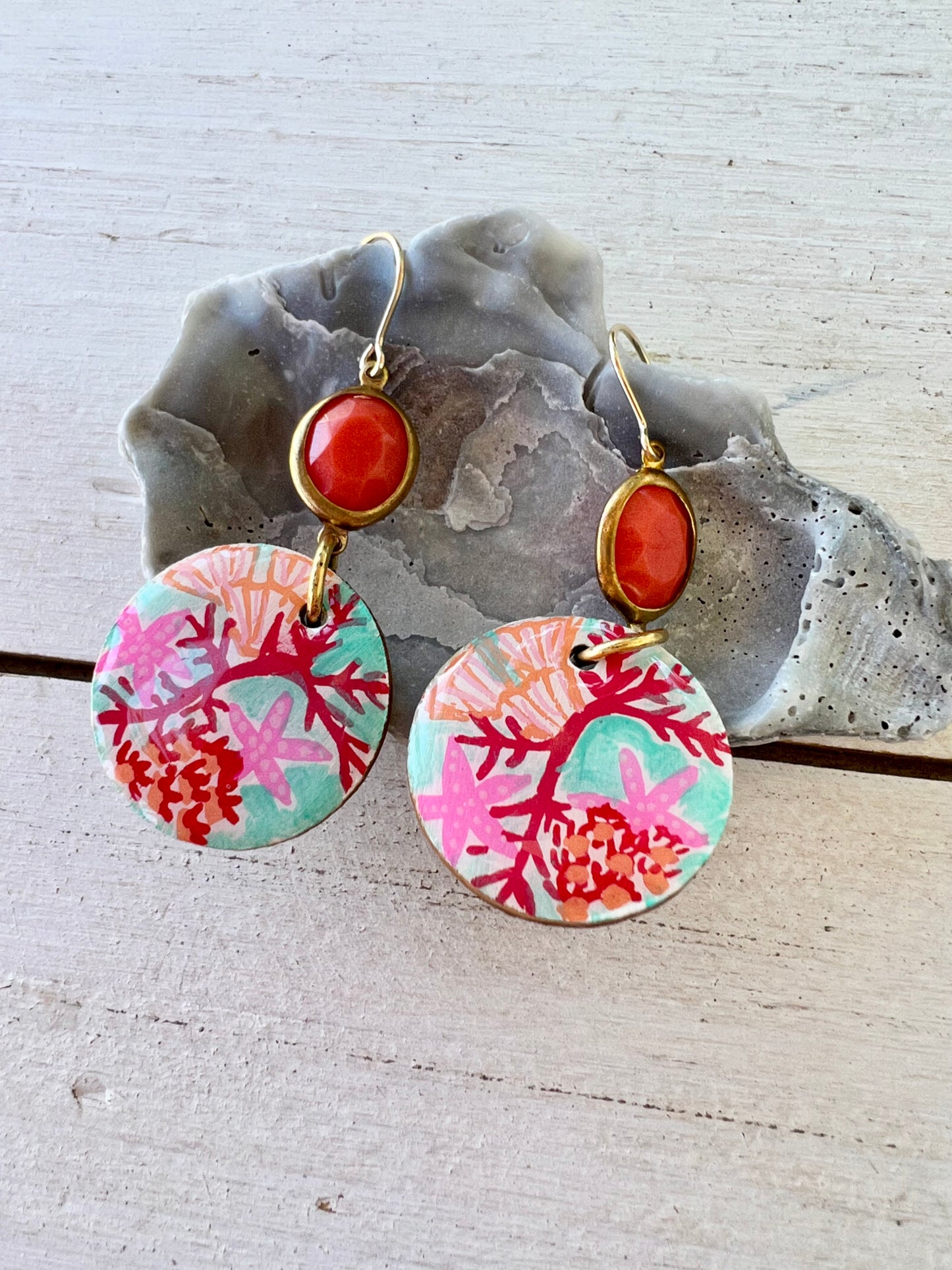 Hand Painted Coral Seascape Earrings