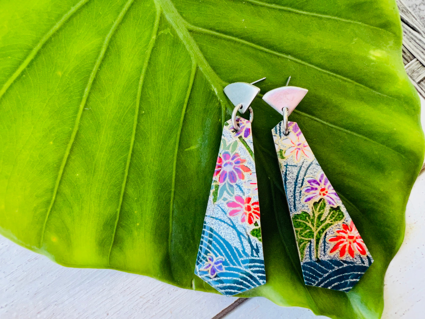 Blue Wave Chiyogami Fan Earrings