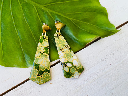 Green Cherry Blossom Chiyogami Fan Earrings