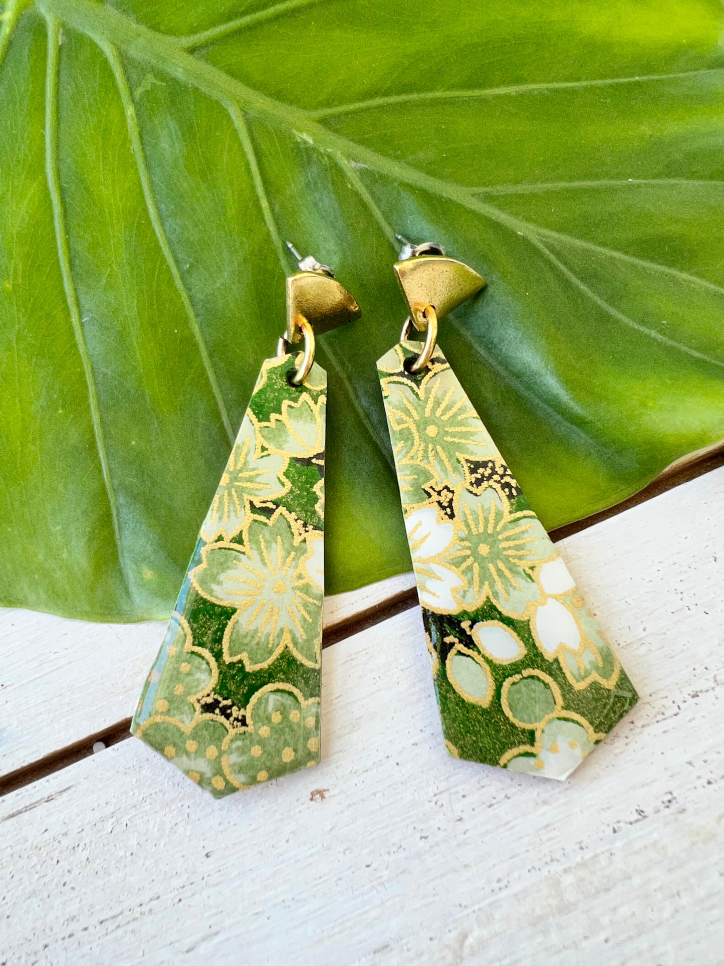 Green Cherry Blossom Chiyogami Fan Earrings