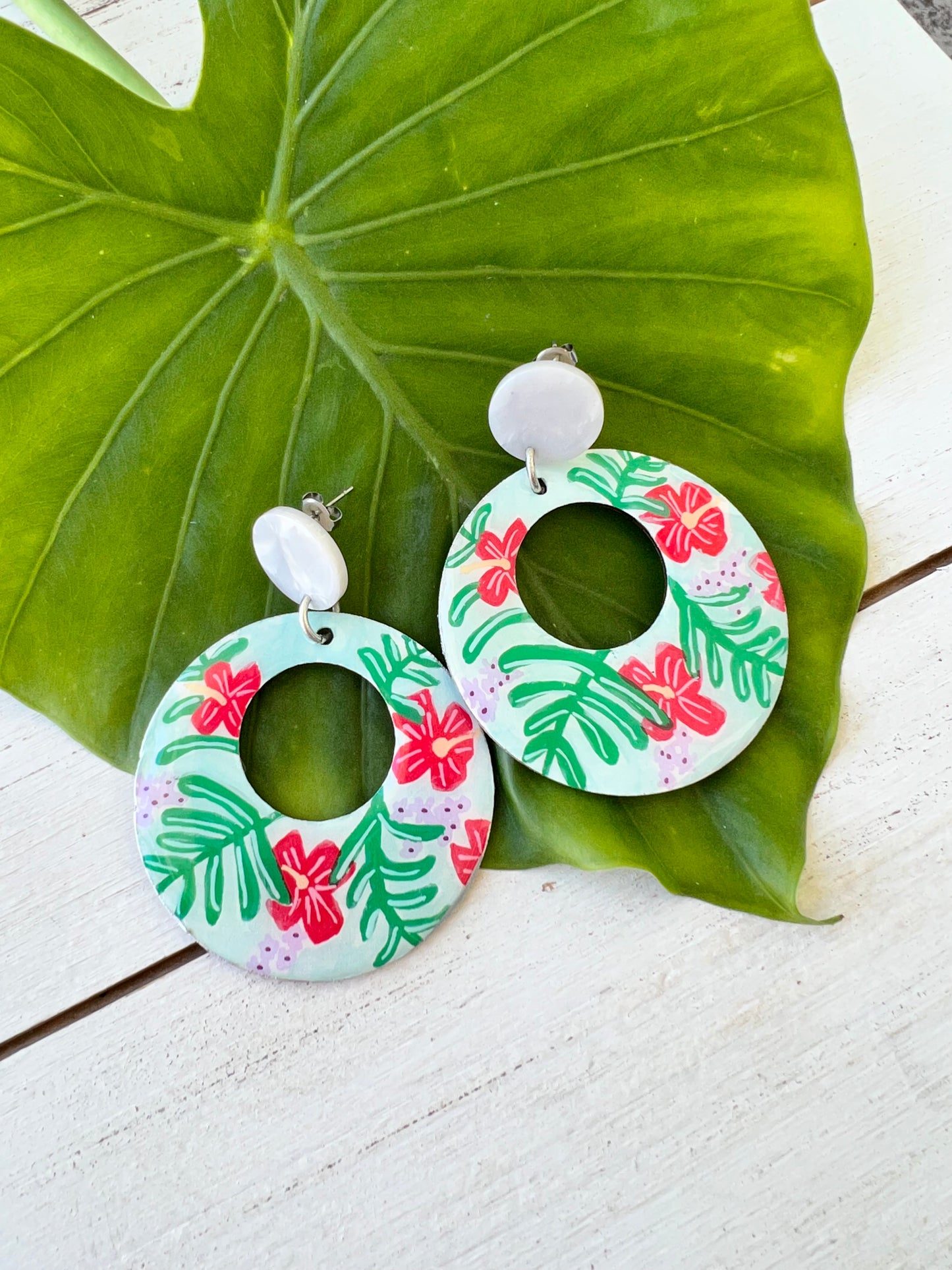 Hand Painted Hibiscus Palm Large Cutout Earrings