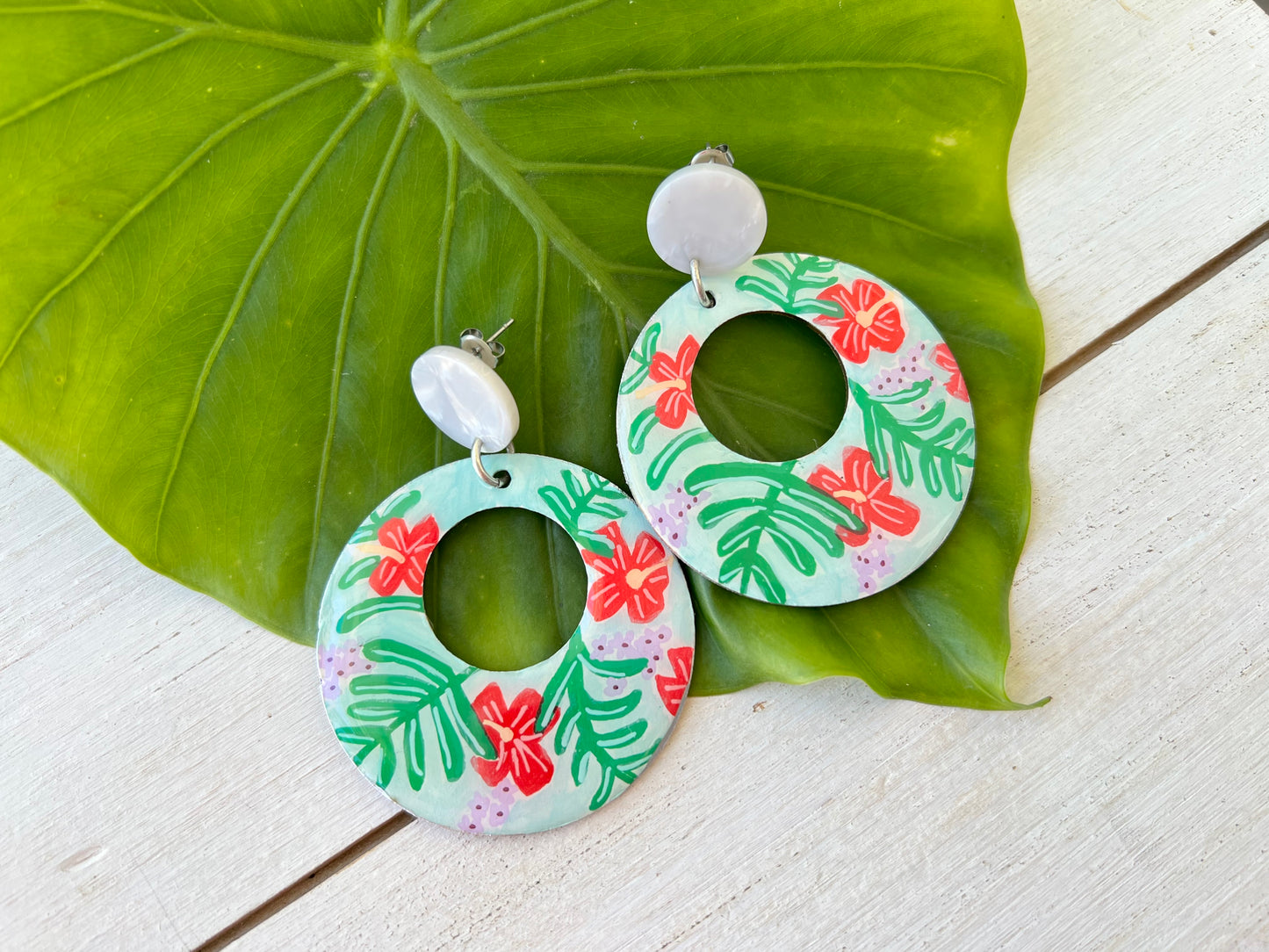 Hand Painted Hibiscus Palm Large Cutout Earrings