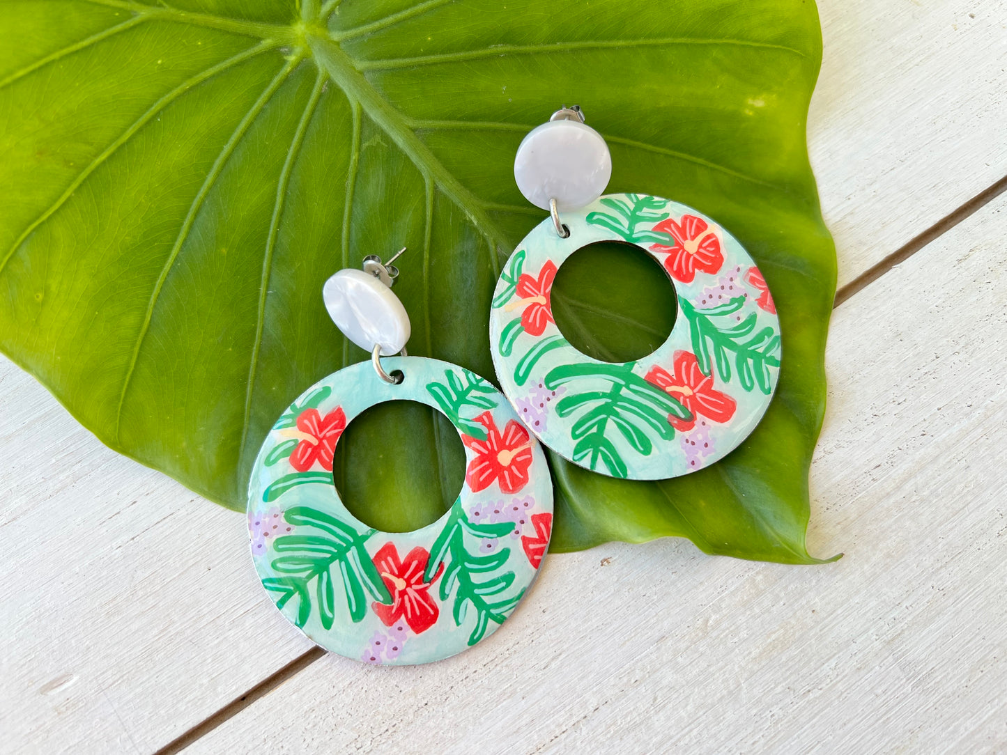 Hand Painted Hibiscus Palm Large Cutout Earrings