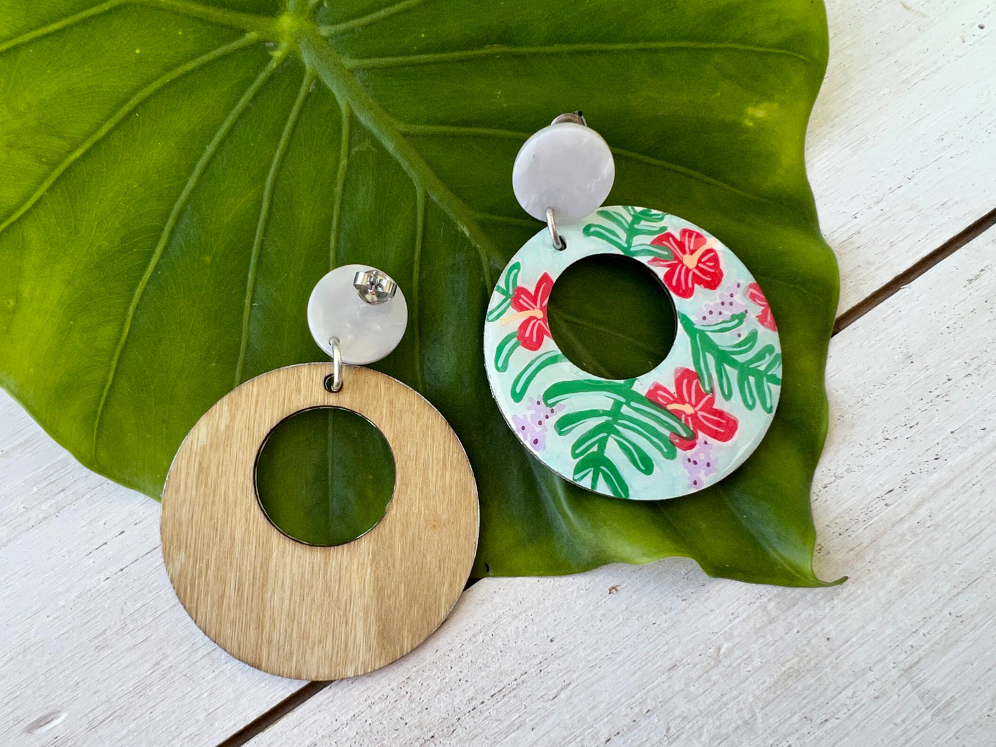 Hand Painted Hibiscus Palm Large Cutout Earrings