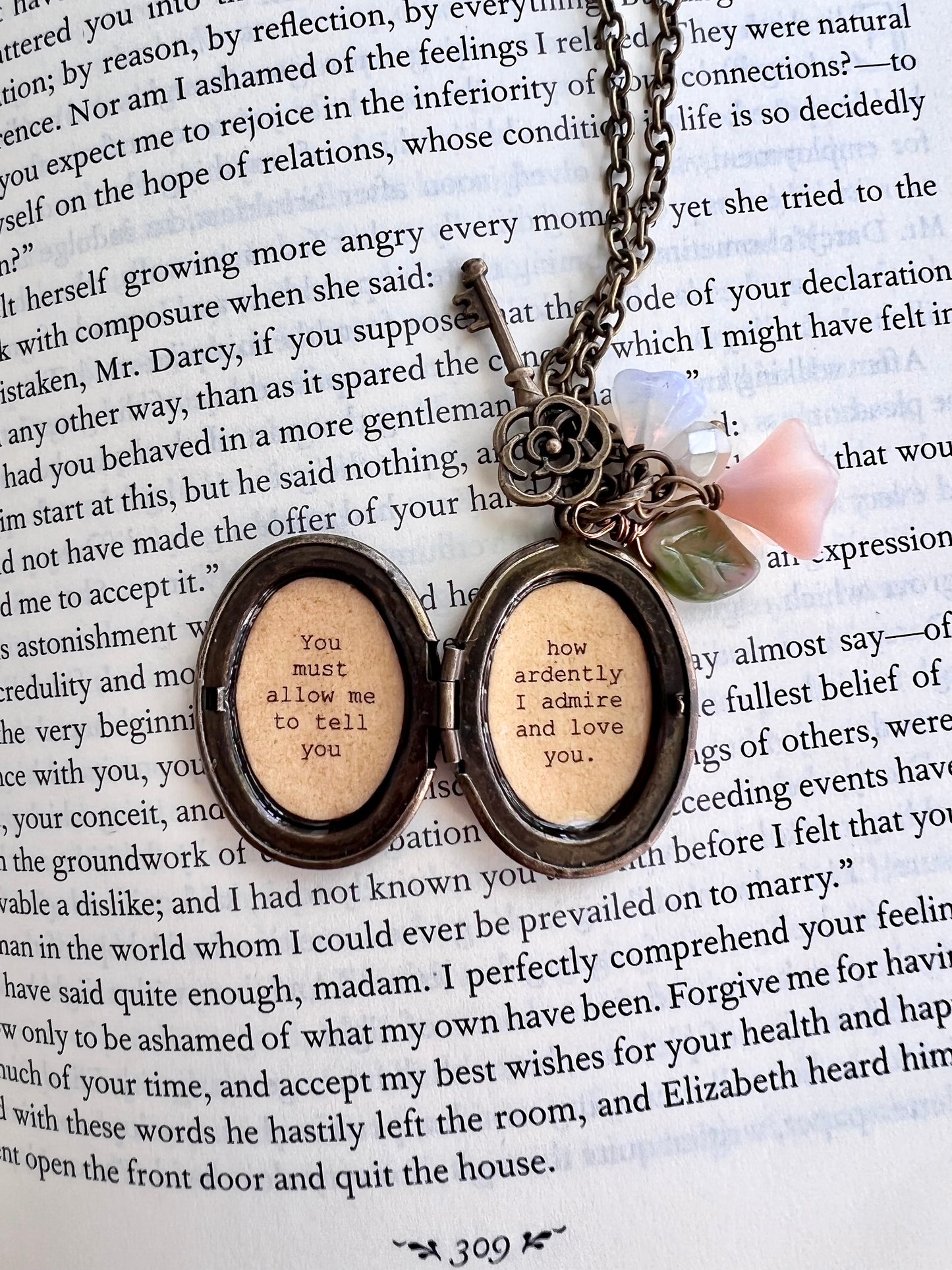 Jane Austen Necklace - Women's Locket - Mr. Darcy - Pride and Prejudice - You must allow me to tell you how ardently I admire and love you