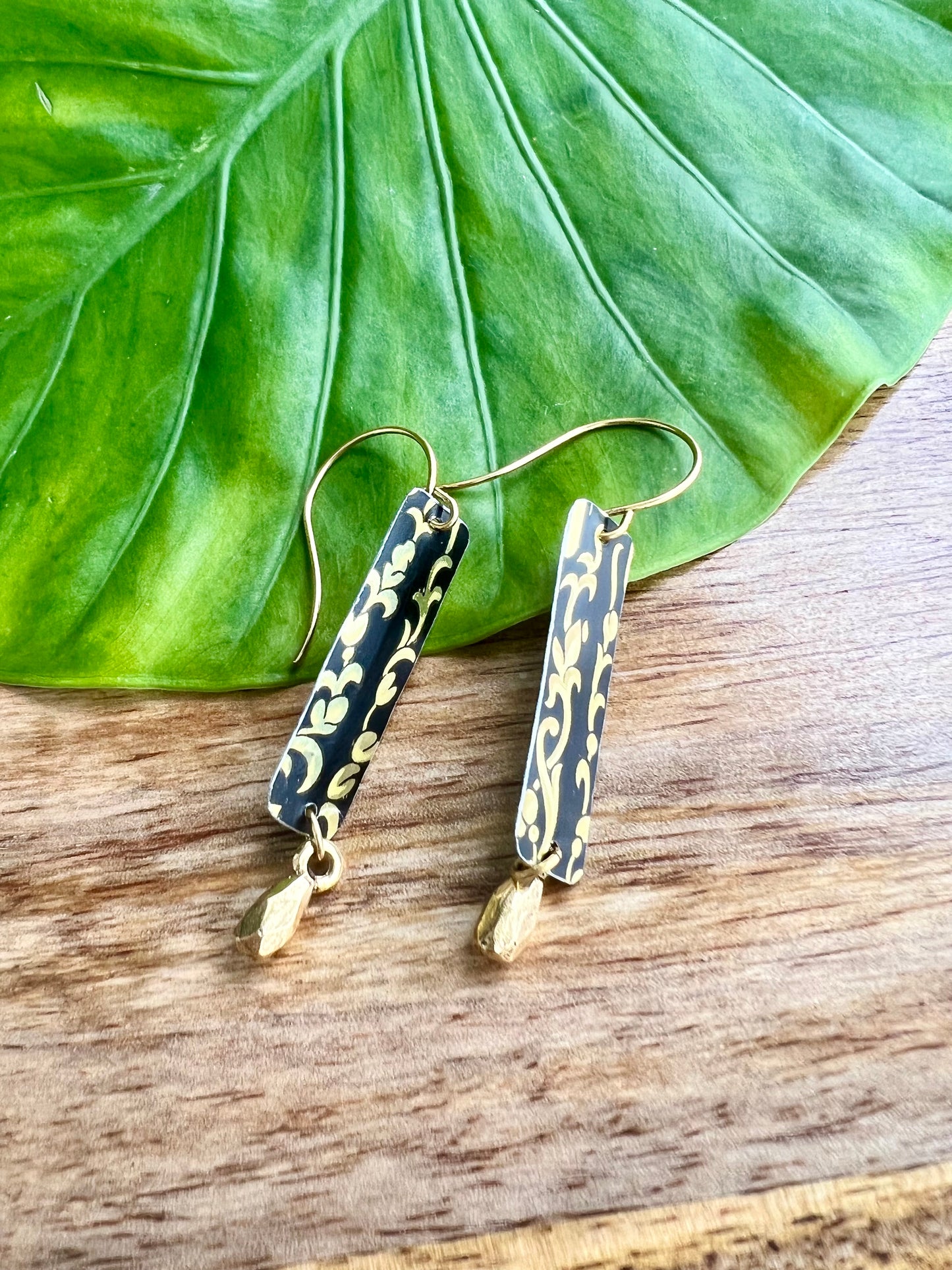 Black and Gold Floral Skinny Rectangle Drop Earrings