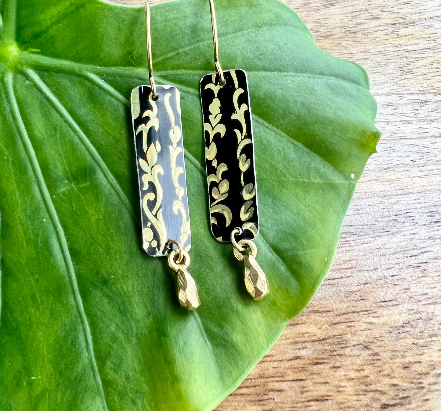 Black and Gold Floral Skinny Rectangle Drop Earrings