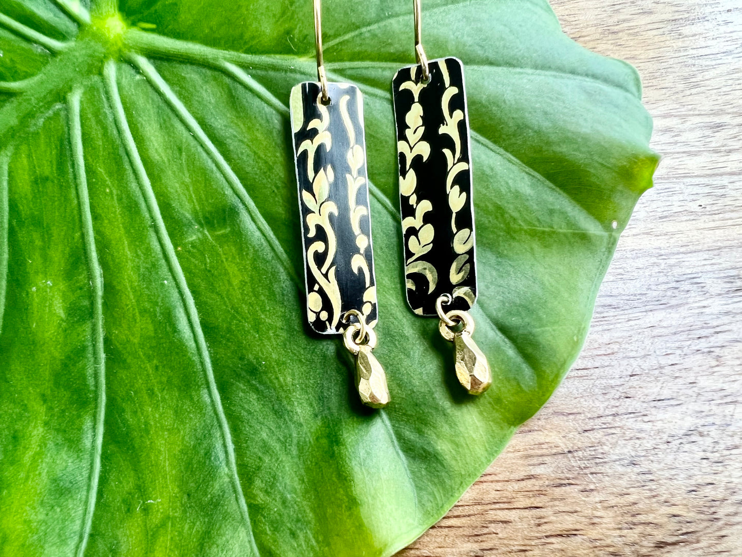 Black and Gold Floral Skinny Rectangle Drop Earrings