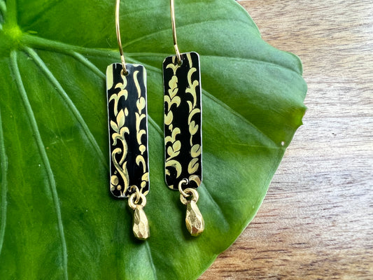 Black and Gold Floral Skinny Rectangle Drop Earrings