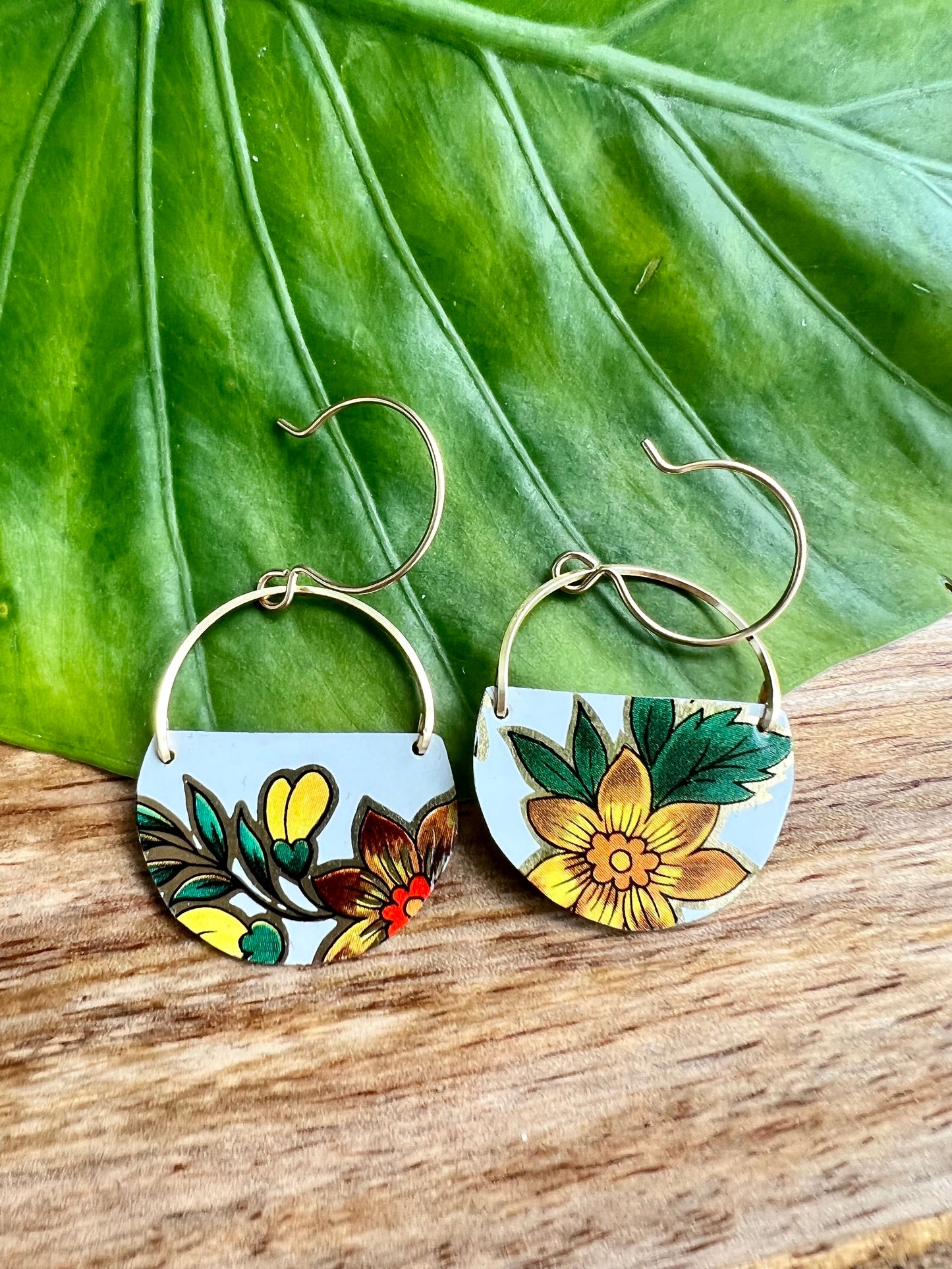 Yellow Flower Half Circle  Earrings - Daffodil Earrings