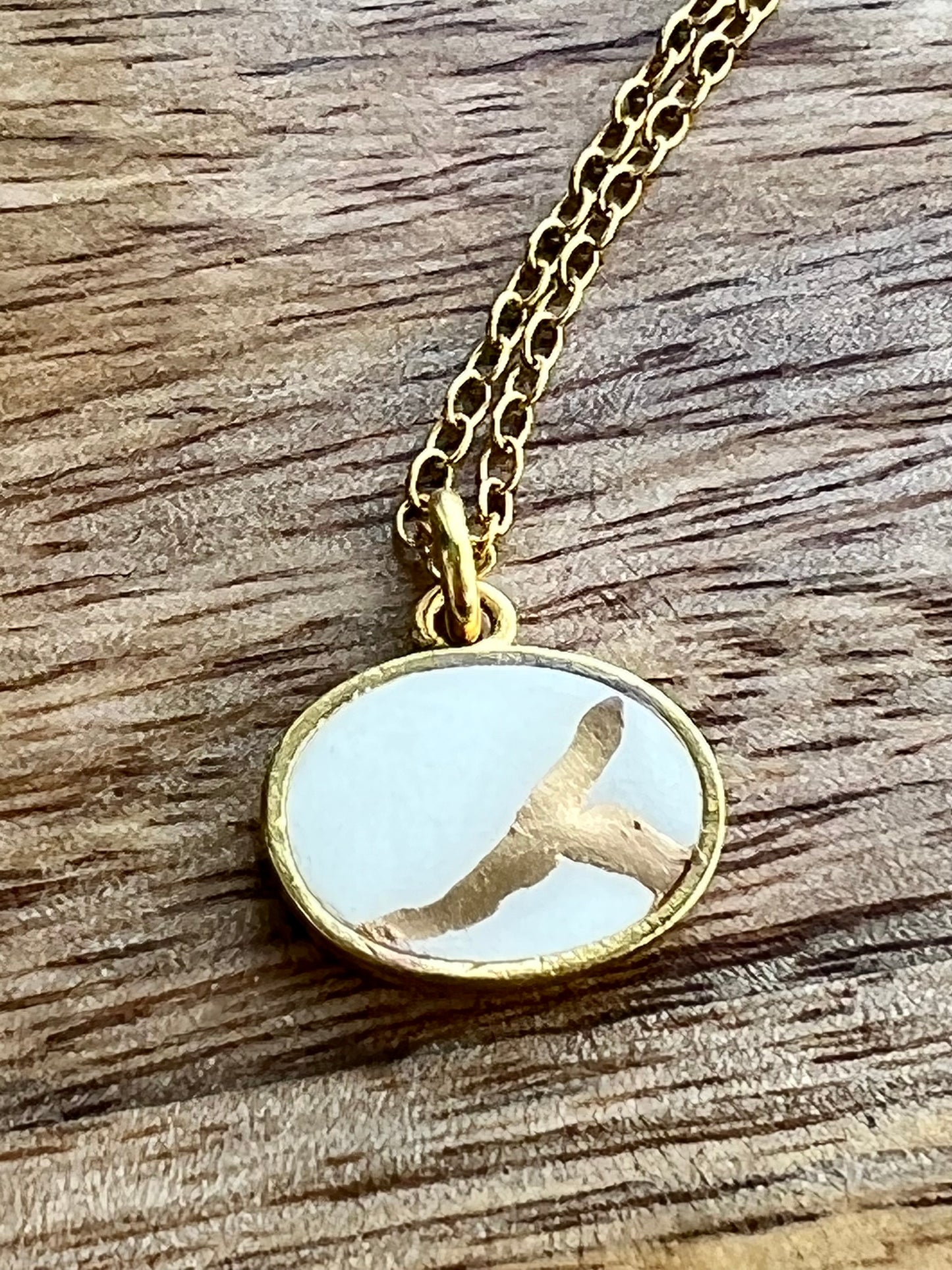 Kintsugi Inspired Pendants - Encouragement Gift - Kintsugi Oval Necklace, White, Gold