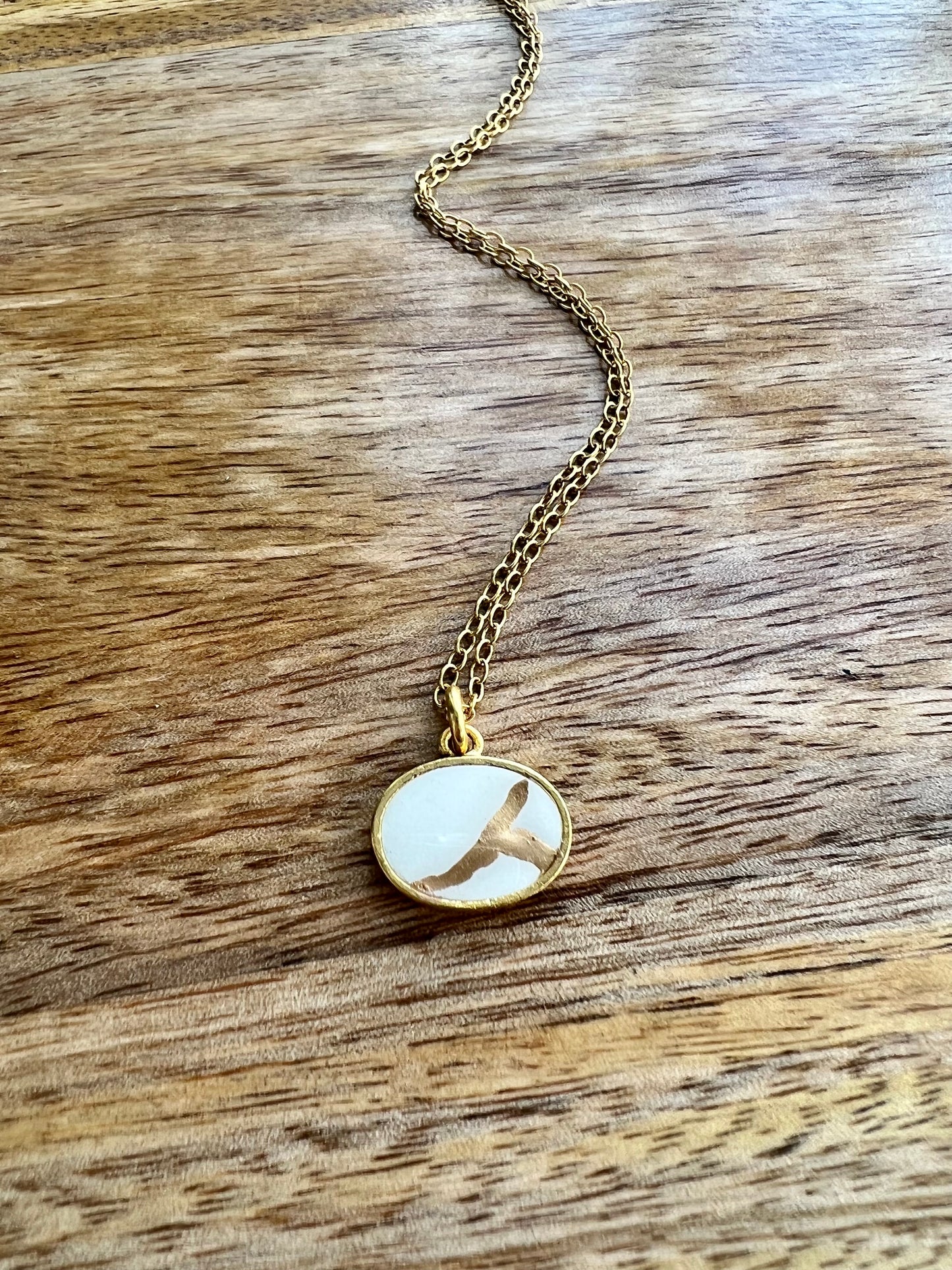 Kintsugi Inspired Pendants - Encouragement Gift - Kintsugi Oval Necklace, White, Gold