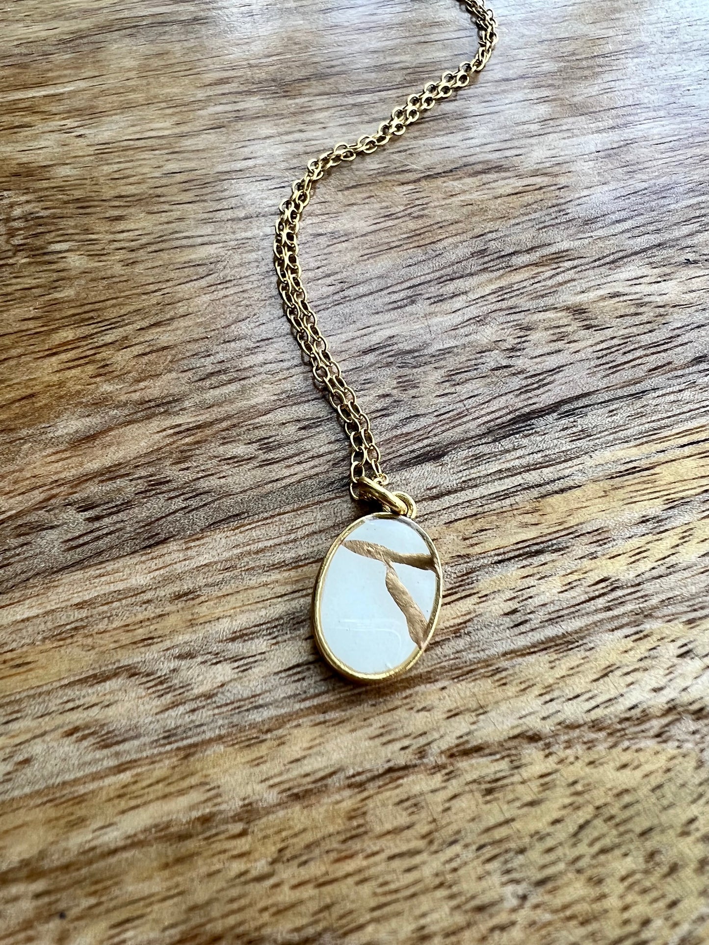 Kintsugi Inspired Pendants - Encouragement Gift - Kintsugi Oval Necklace, White, Gold