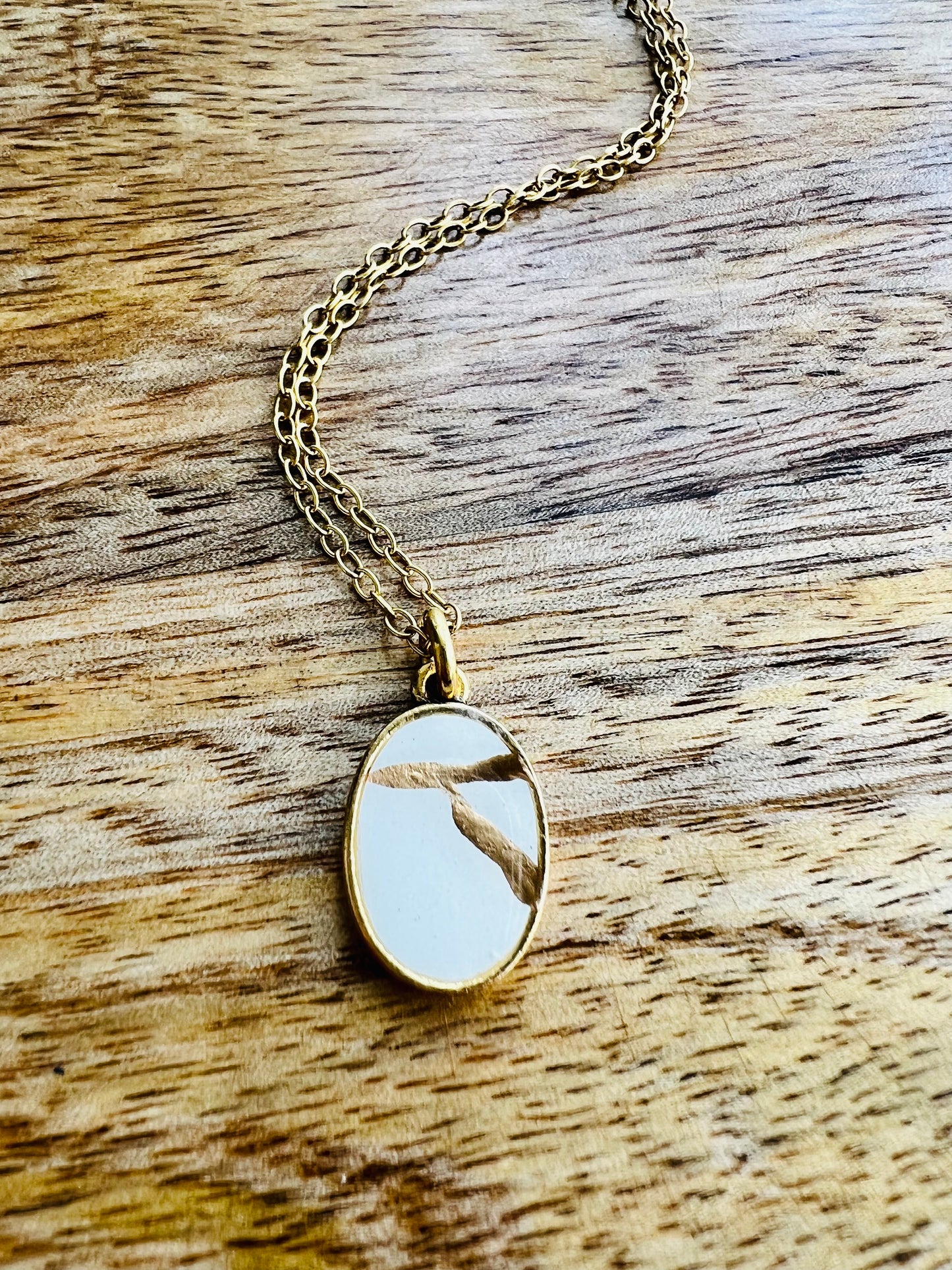 Kintsugi Inspired Pendants - Encouragement Gift - Kintsugi Oval Necklace, White, Gold