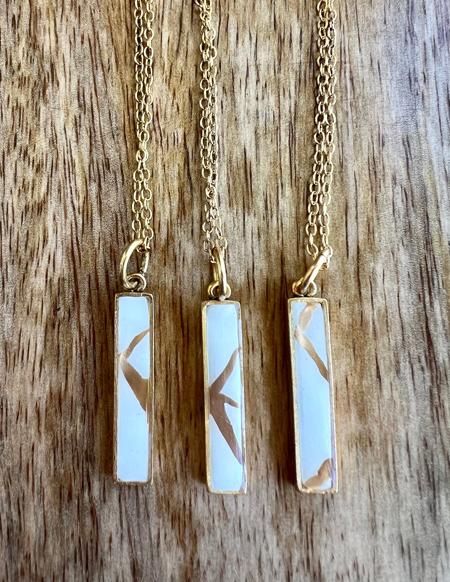 Kintsugi Inspired Pendants - Encouragement Gift - Kintsugi Bar Necklace, Rectangle, White, Gold