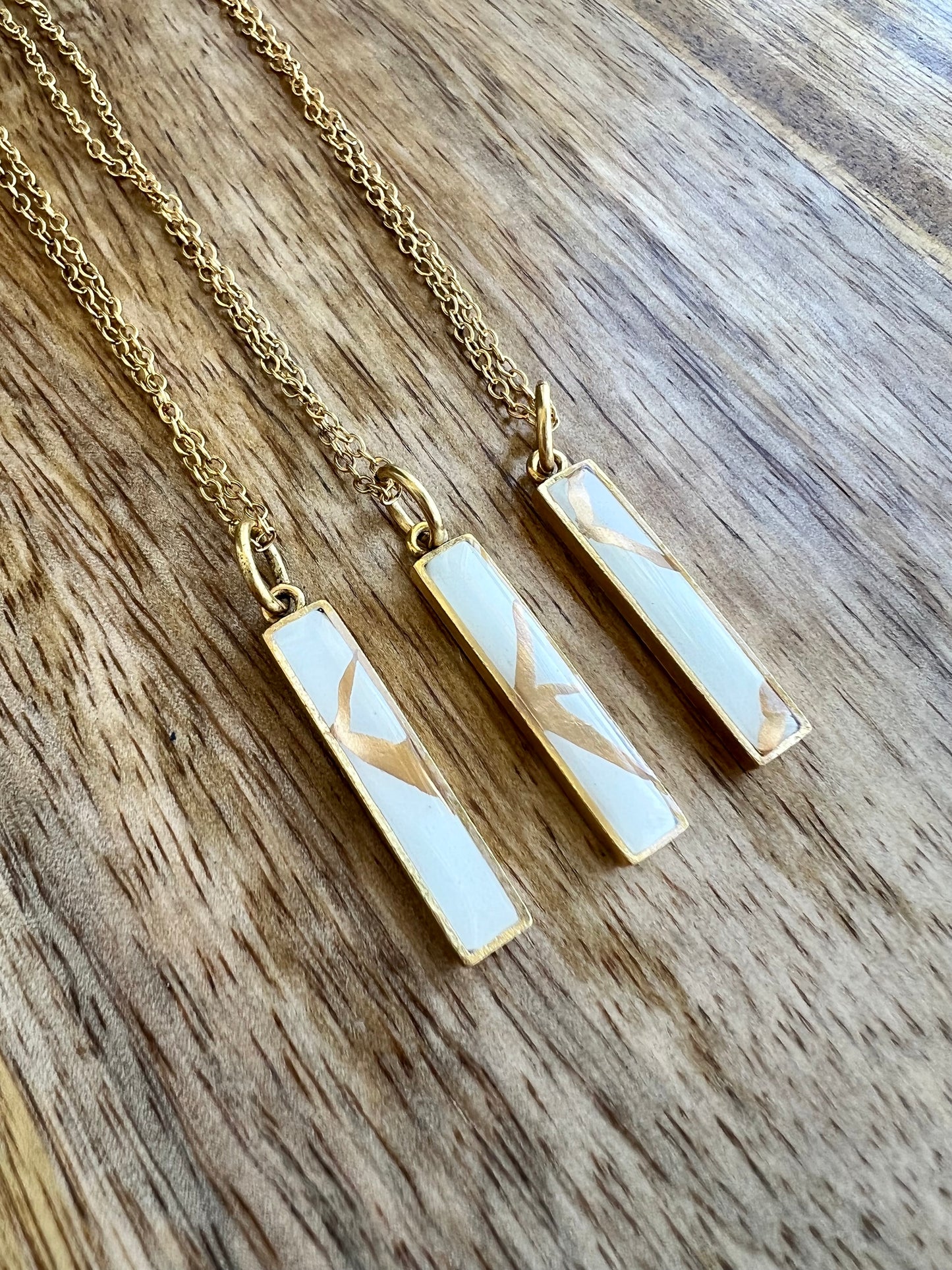 Kintsugi Inspired Pendants - Encouragement Gift - Kintsugi Bar Necklace, Rectangle, White, Gold