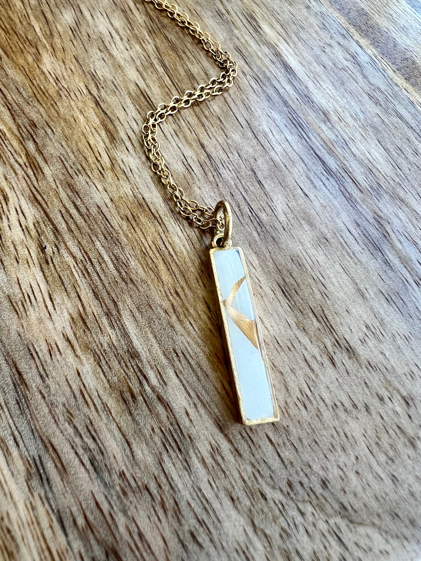 Kintsugi Inspired Pendants - Encouragement Gift - Kintsugi Bar Necklace, Rectangle, White, Gold