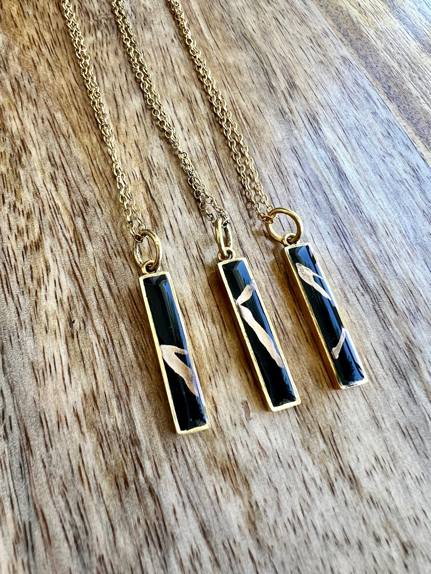 Kintsugi Inspired Pendants - Encouragement Gift - Kintsugi Bar Necklace, Rectangle, Black, Gold