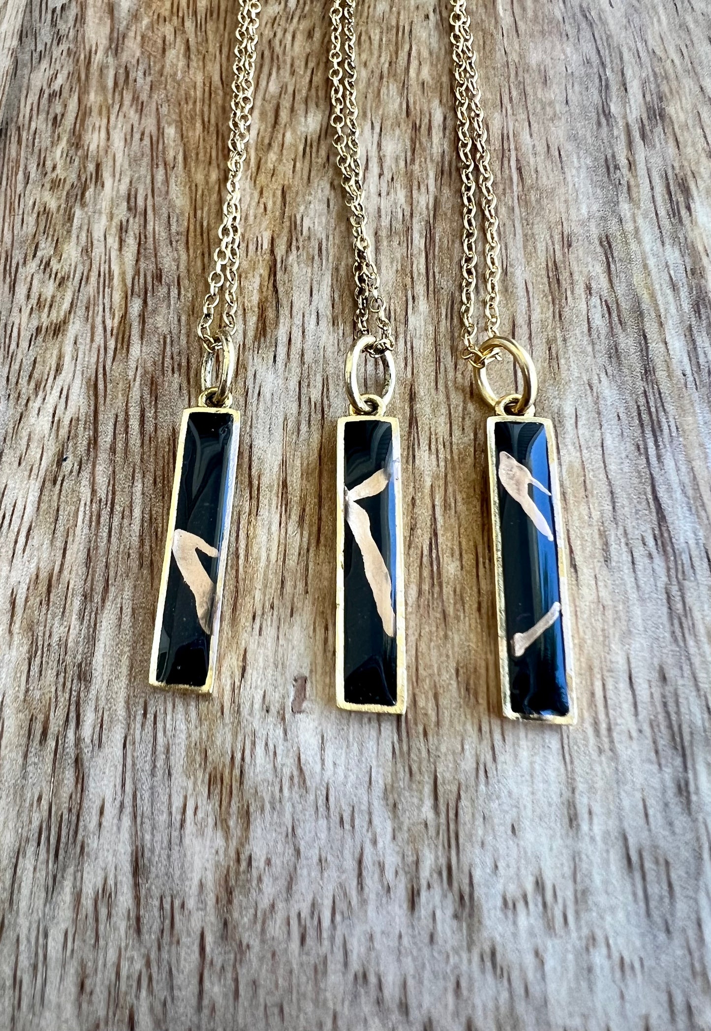 Kintsugi Inspired Pendants - Encouragement Gift - Kintsugi Bar Necklace, Rectangle, Black, Gold