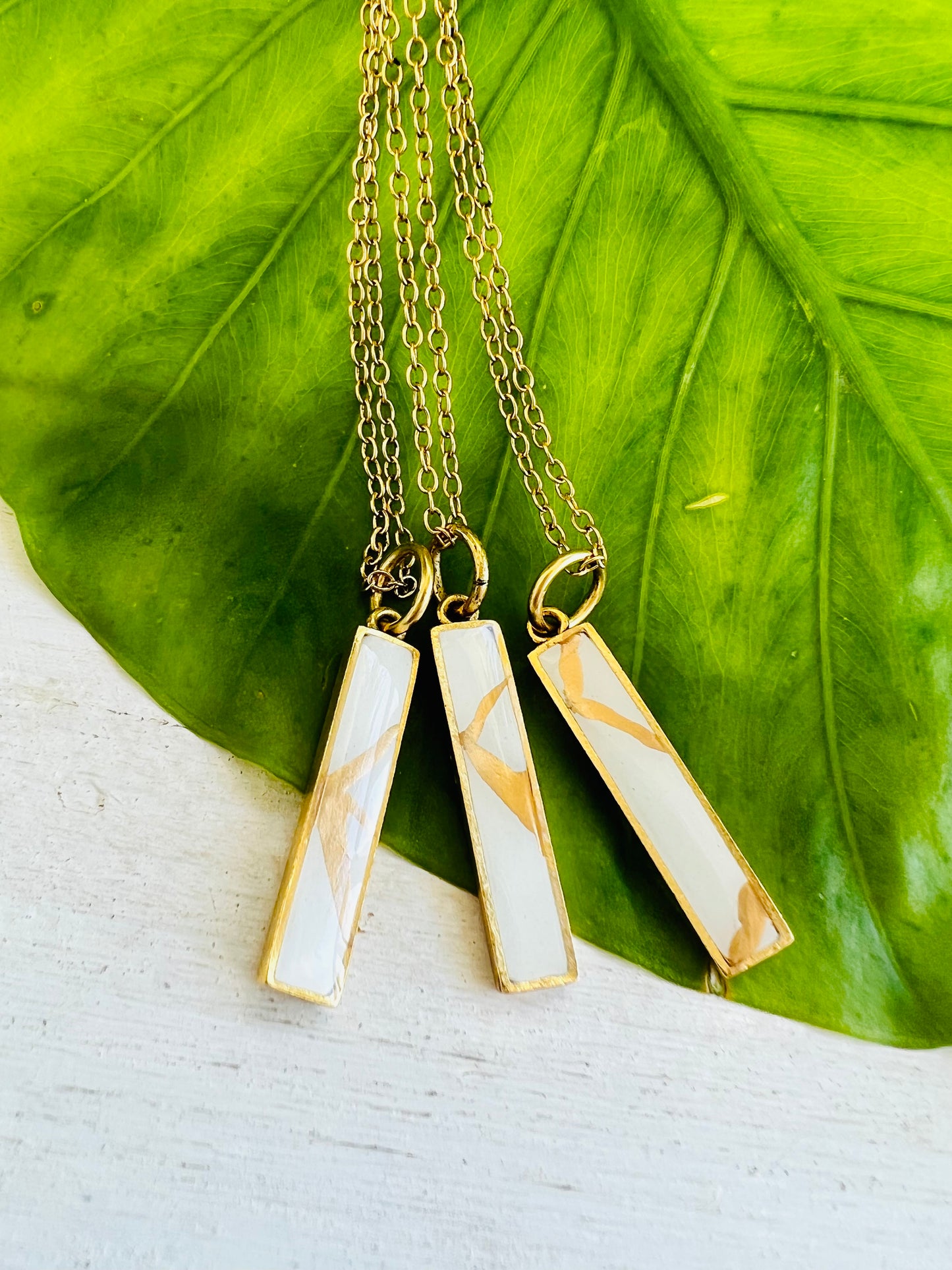 Kintsugi Inspired Pendants - Encouragement Gift - Kintsugi Bar Necklace, Rectangle, White, Gold