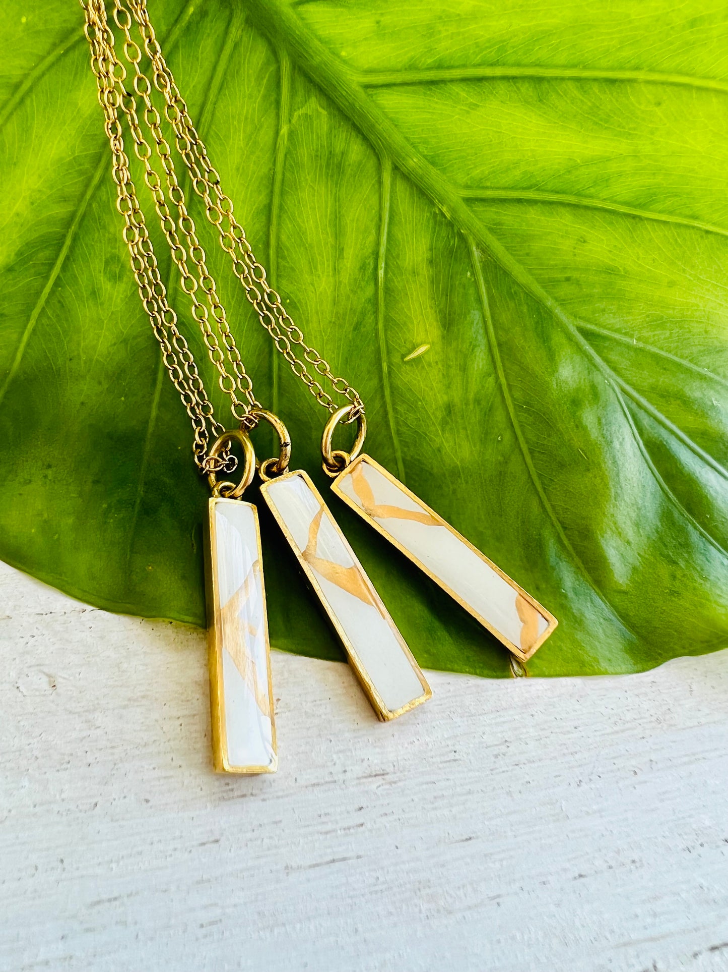 Kintsugi Inspired Pendants - Encouragement Gift - Kintsugi Bar Necklace, Rectangle, White, Gold