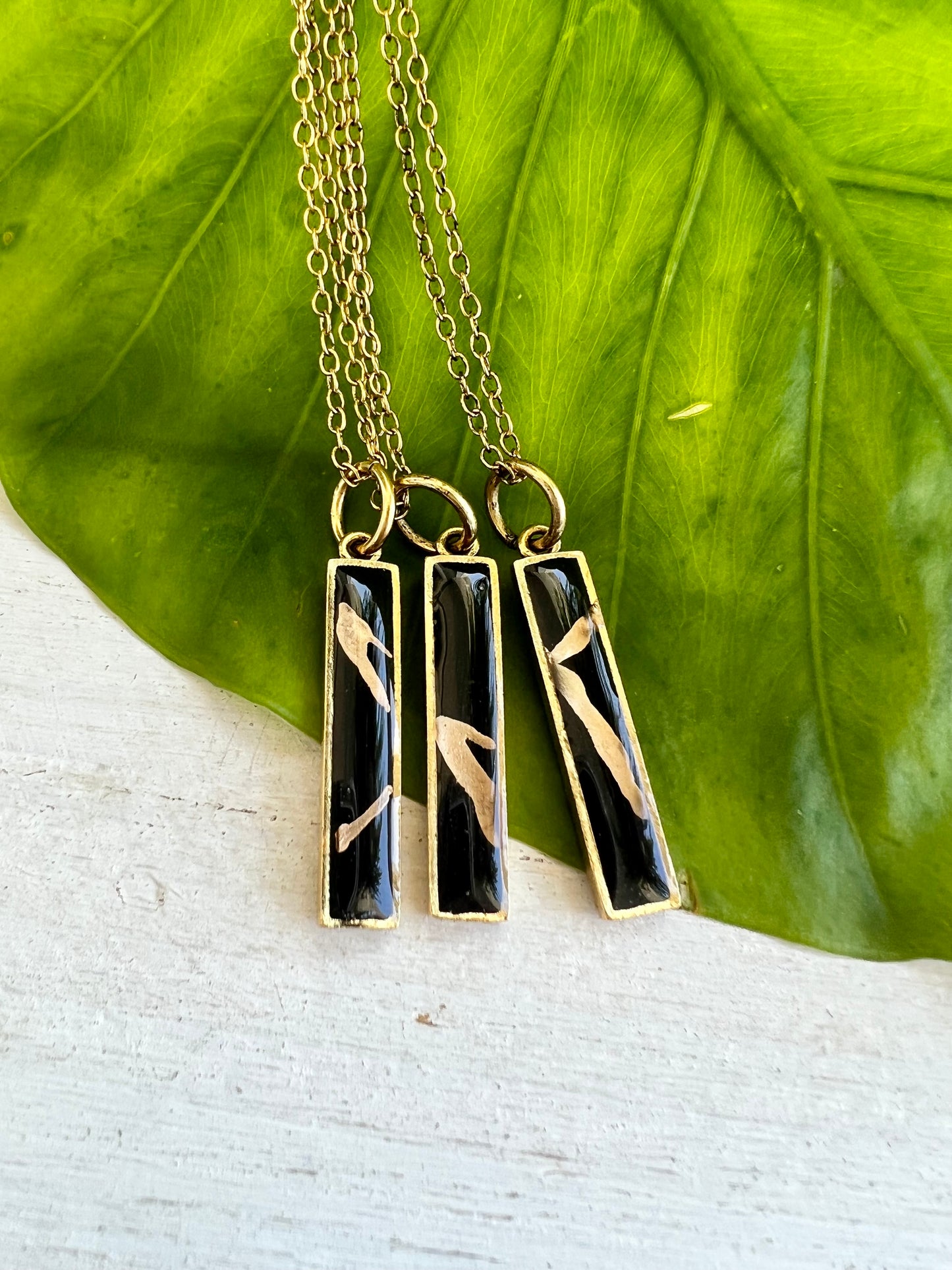 Kintsugi Inspired Pendants - Encouragement Gift - Kintsugi Bar Necklace, Rectangle, Black, Gold