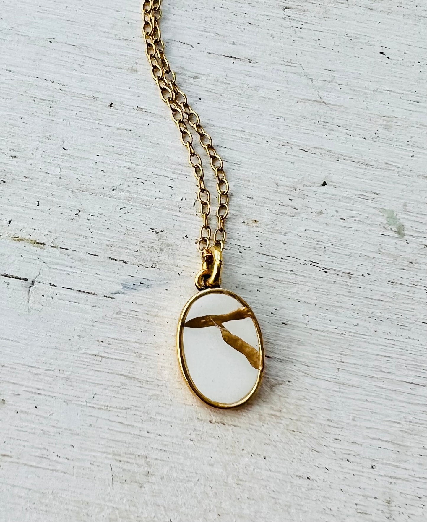 Kintsugi Inspired Pendants - Encouragement Gift - Kintsugi Oval Necklace, White, Gold