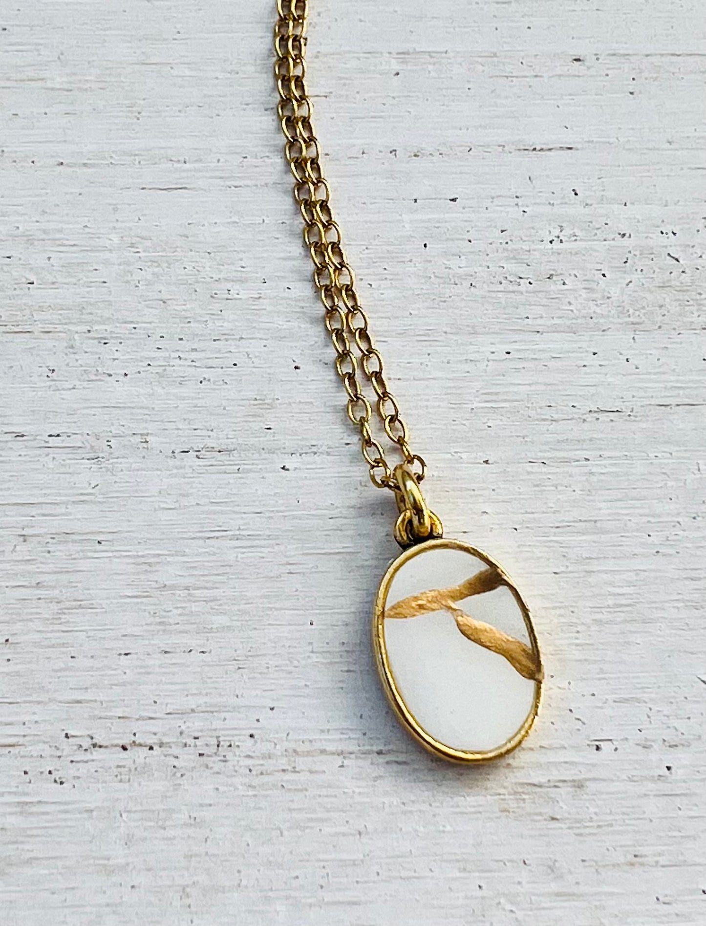 Kintsugi Inspired Pendants - Encouragement Gift - Kintsugi Oval Necklace, White, Gold