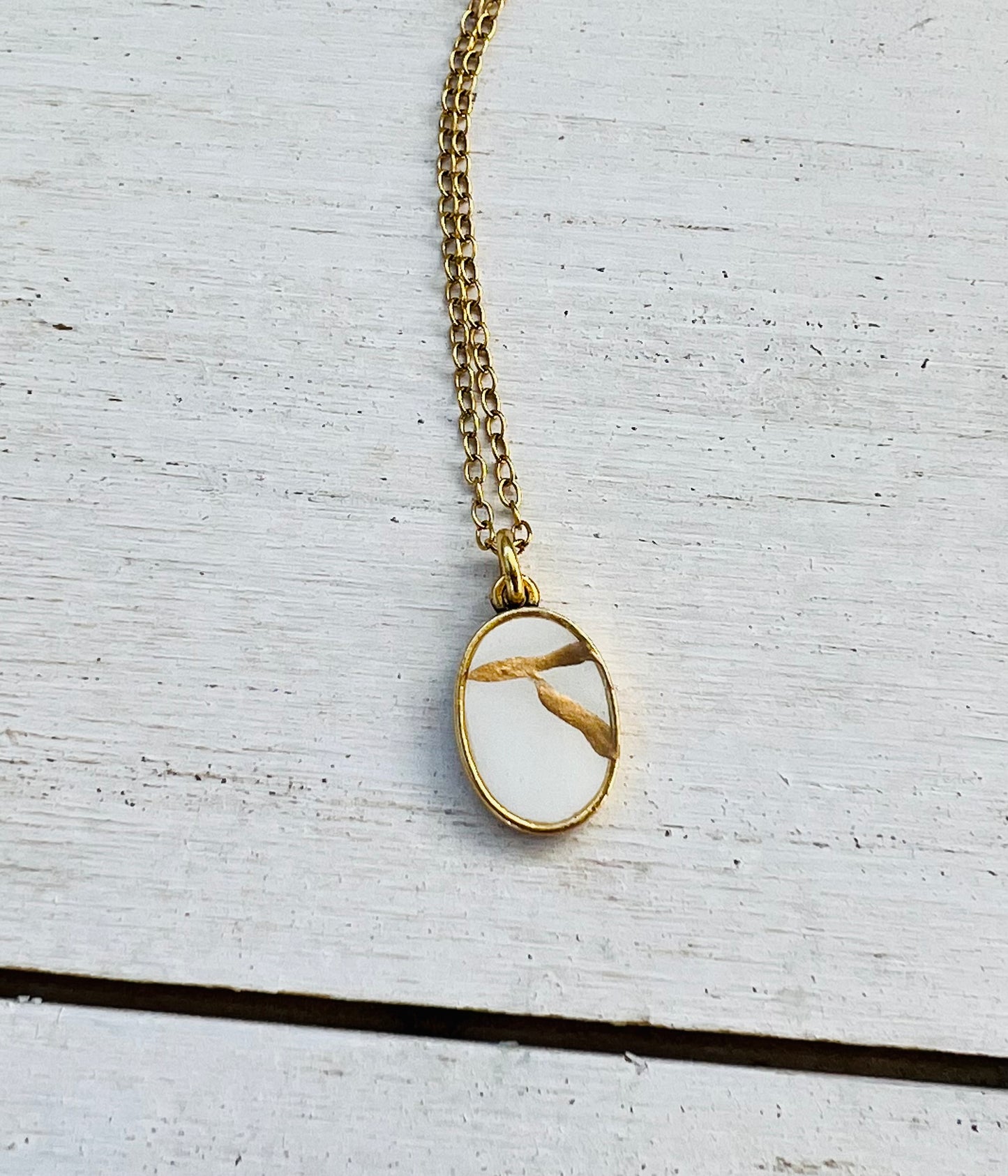 Kintsugi Inspired Pendants - Encouragement Gift - Kintsugi Oval Necklace, White, Gold