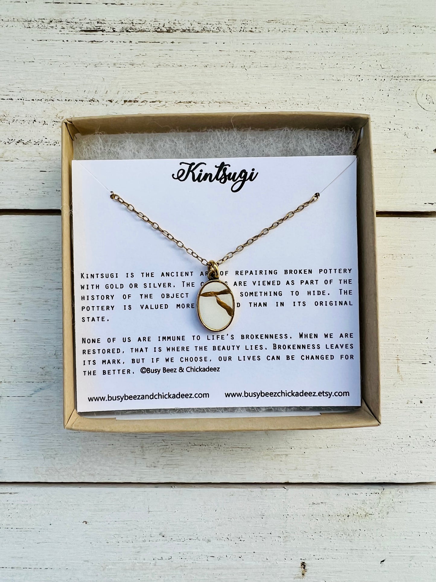 Kintsugi Inspired Pendants - Encouragement Gift - Kintsugi Oval Necklace, White, Gold