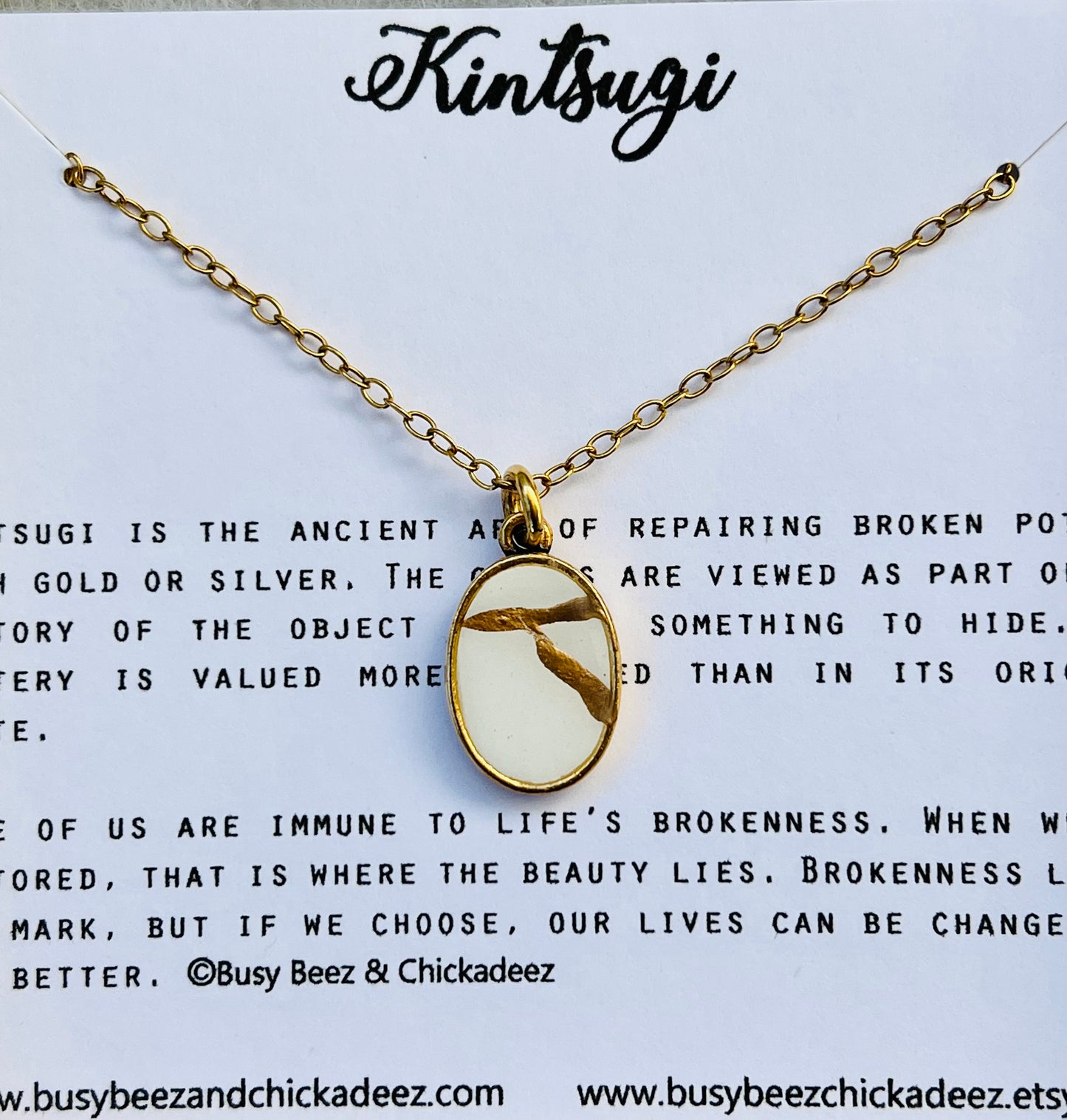 Kintsugi Inspired Pendants - Encouragement Gift - Kintsugi Oval Necklace, White, Gold