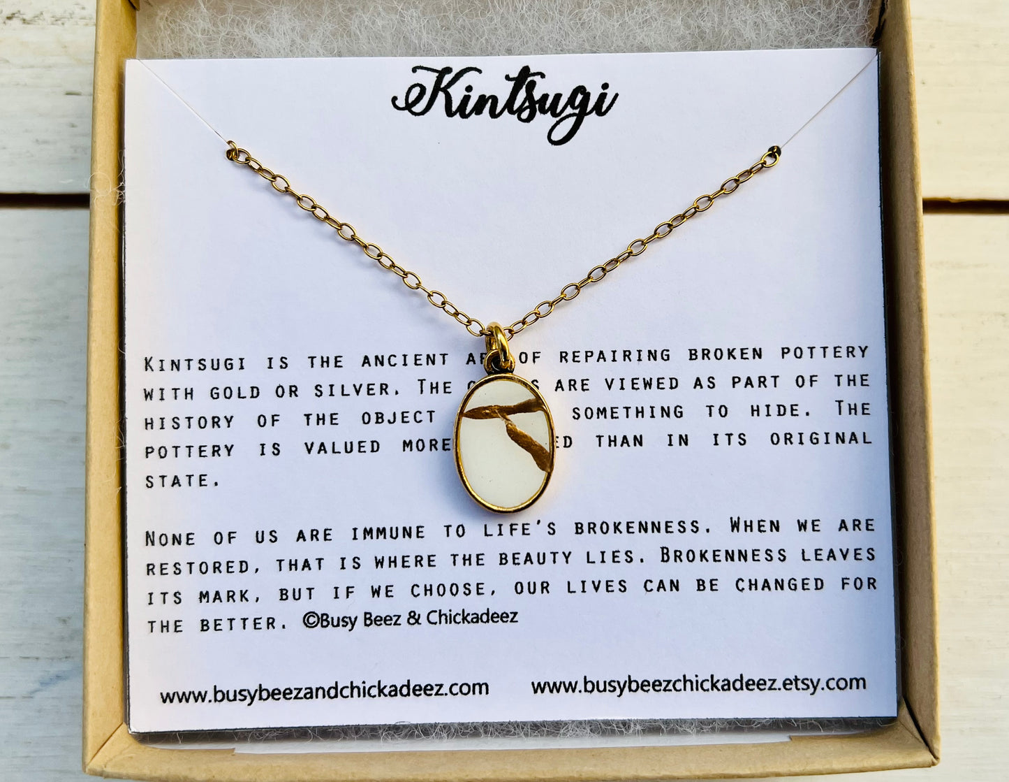 Kintsugi Inspired Pendants - Encouragement Gift - Kintsugi Oval Necklace, White, Gold