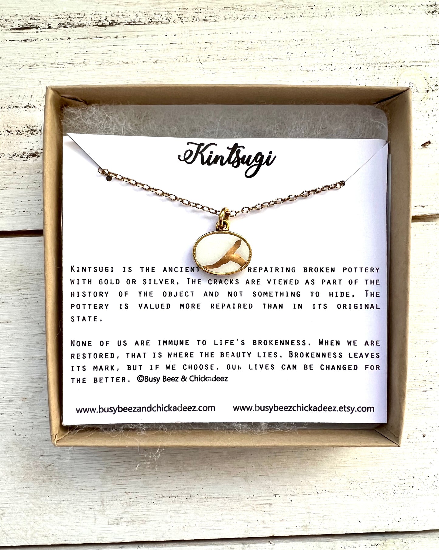 Kintsugi Inspired Pendants - Encouragement Gift - Kintsugi Oval Necklace, White, Gold