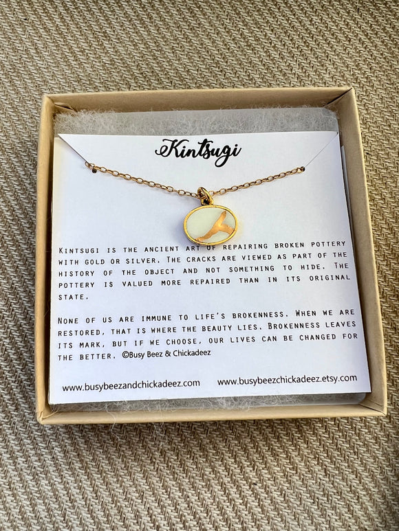 Kintsugi Inspired Pendants - Encouragement Gift - Kintsugi Oval Necklace, White, Gold